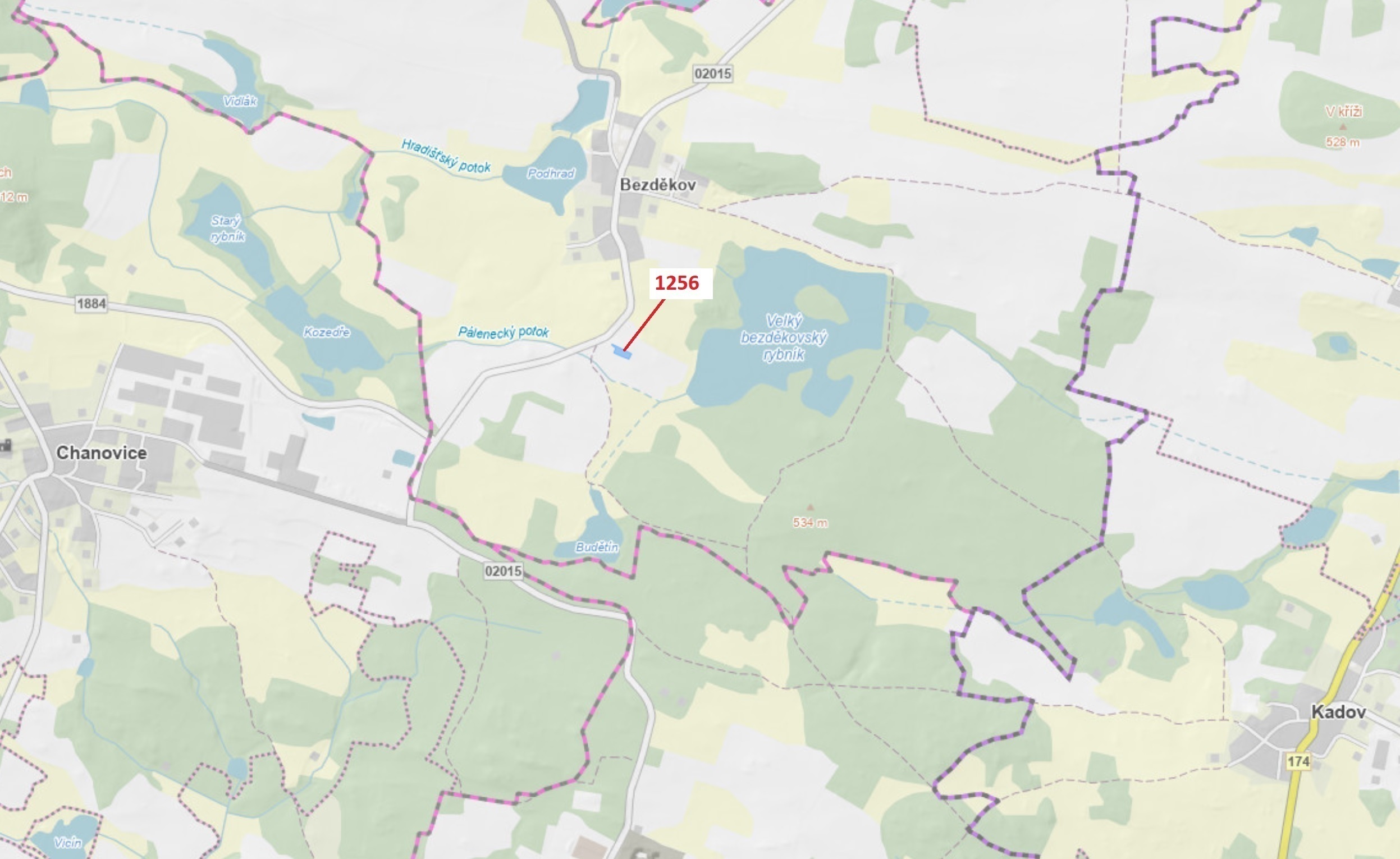 Lesní pozemek o výměře 1 284 m2, podíl 1/1, katastrální území Bezděkov u Kasejovic, obec Hradiště, o