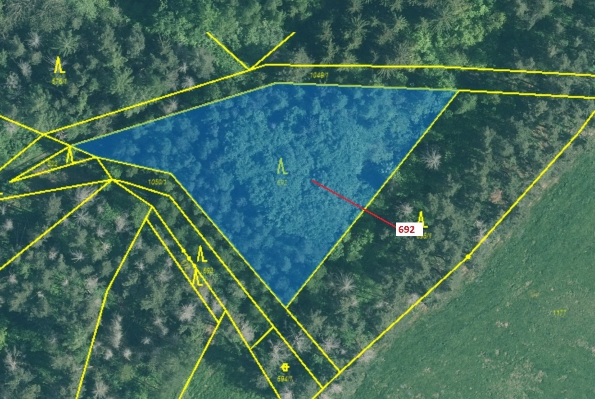 Lesní pozemek o výměře 2947 m2, podíl 1/1, katastrální území Kuřimany, obec Kuřimany, obec s rozšíře