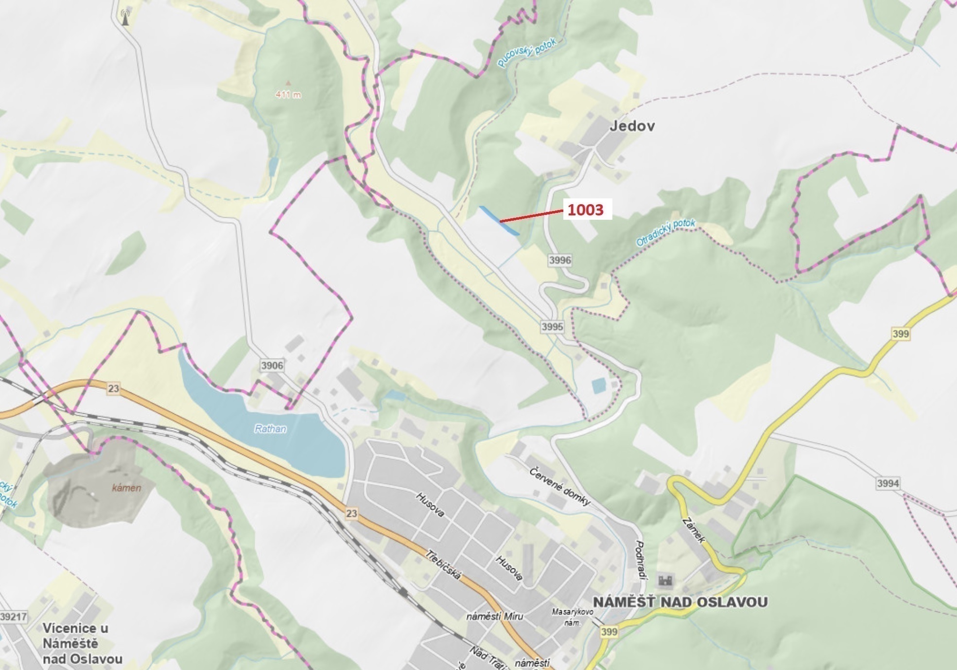 Lesní pozemek o výměře 3001 m2, podíl 1/1, katastrální území Jedov, obec Náměšť nad Oslavou, obec s 