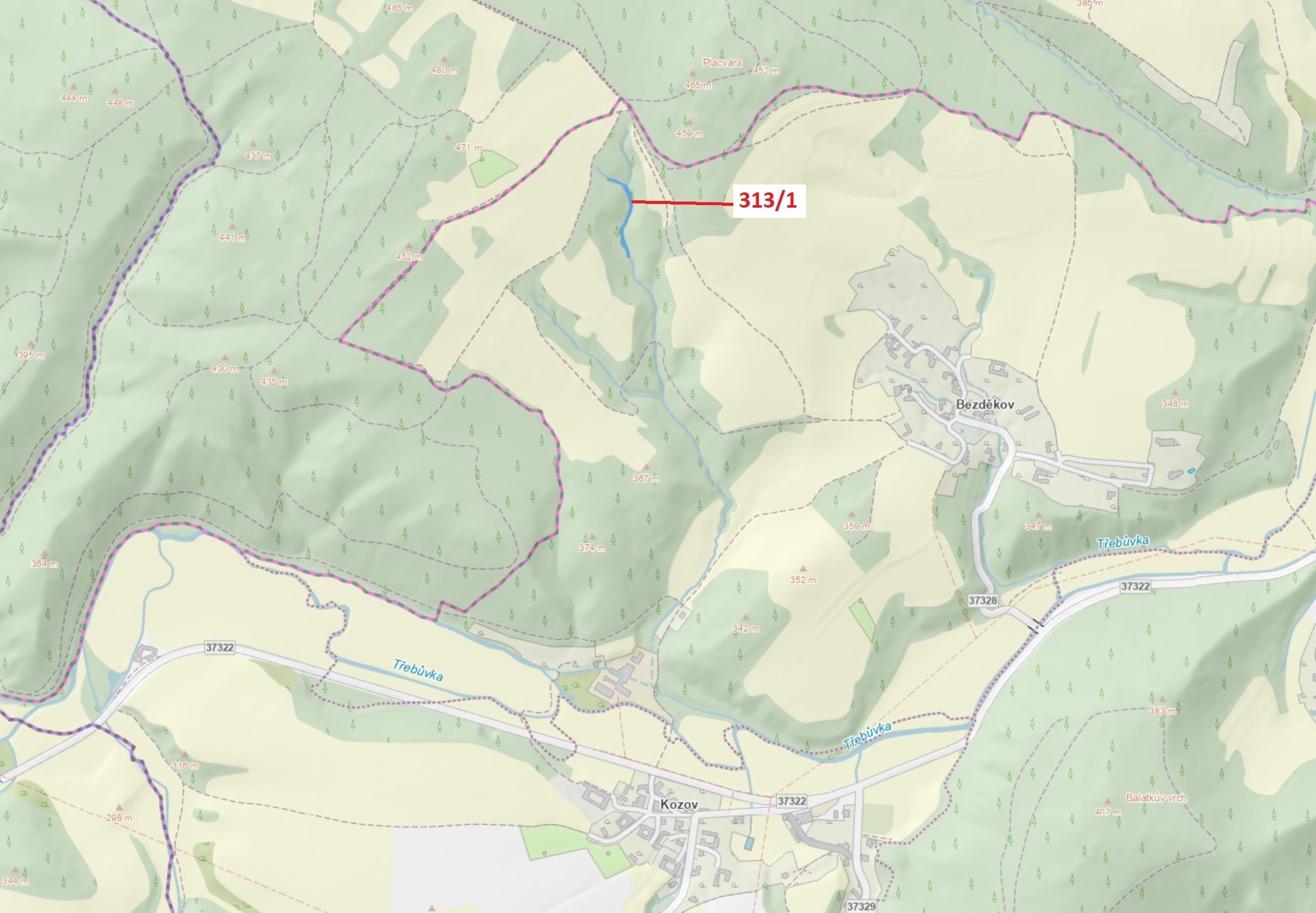 Lesní pozemek o výměře 1158 m2, podíl 1/1, katastrální území Bezděkov nad Třebůvkou, obec Bouzov, ob