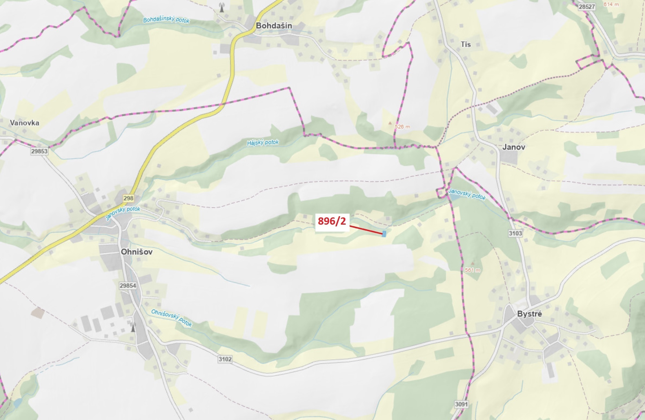 Lesní pozemek o výměře 978 m2, podíl 1/1, katastrální území Ohnišov, obec Ohnišov, obec s rozšířenou