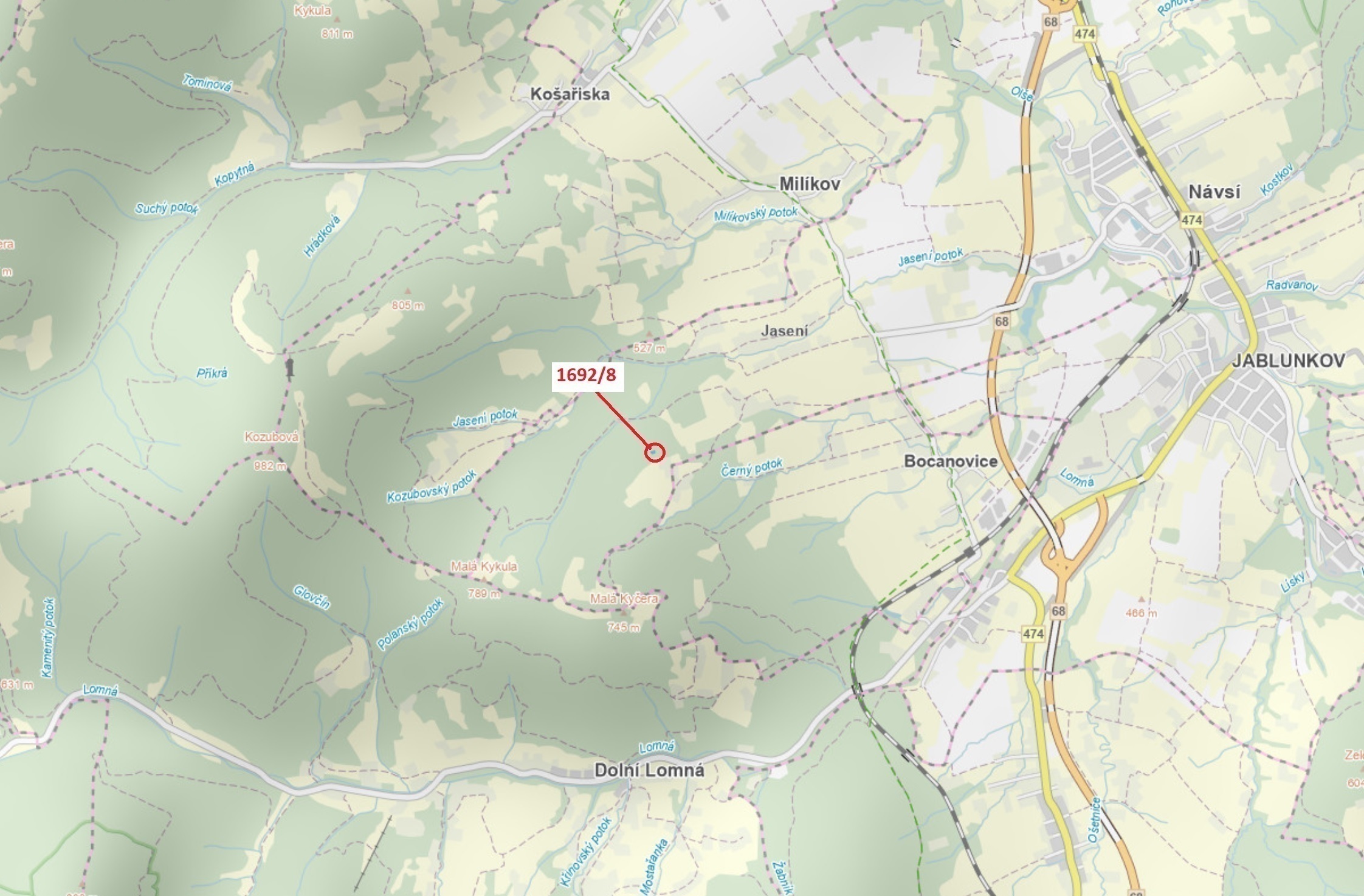 Lesní pozemek o výměře 409 m2, podíl 1/1, katastrální území Návsí, obec Návsí, obec s rozšířenou půs