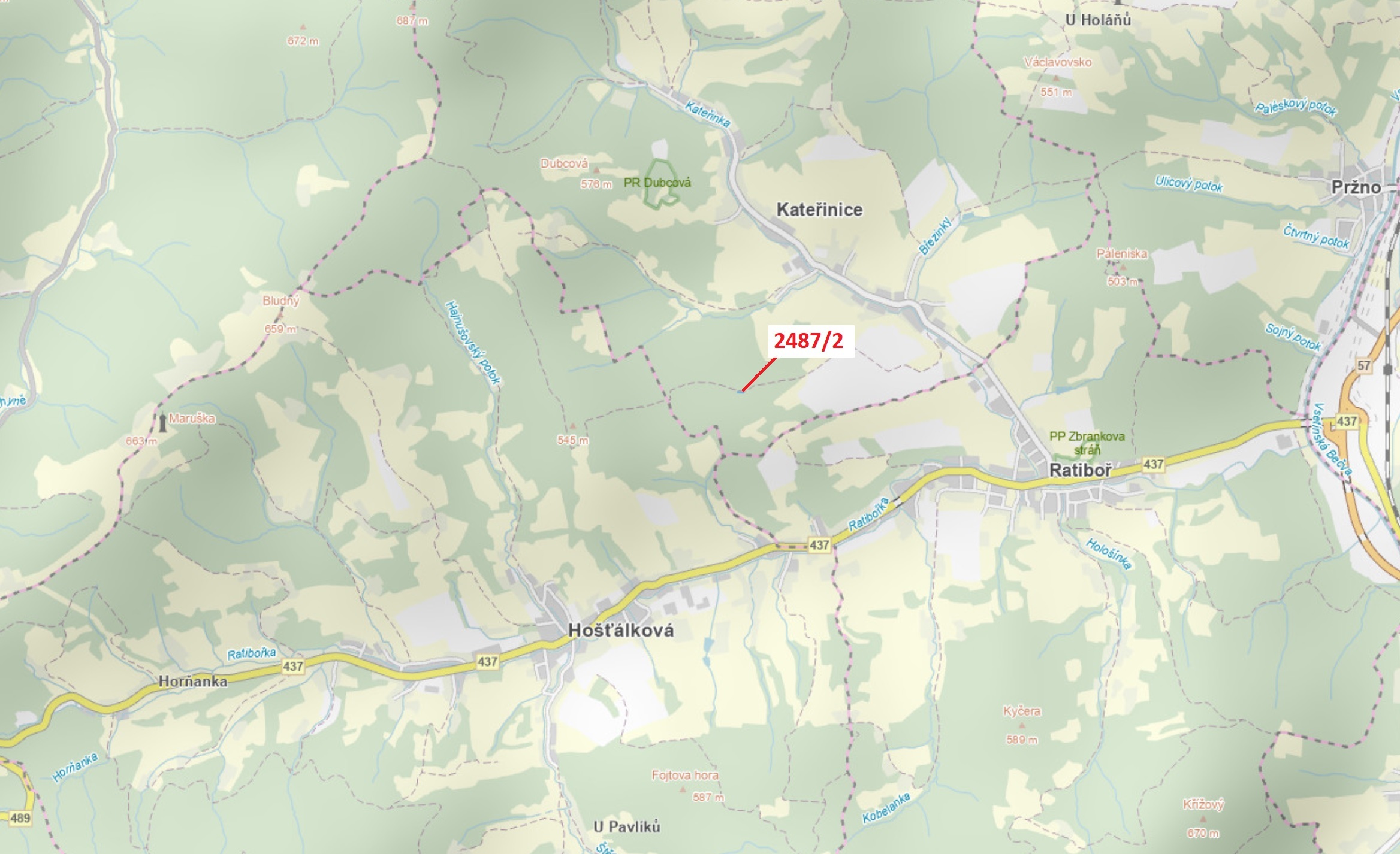 Lesní pozemek o výměře 127 m2, podíl 1/1, katastrální území Kateřinice u Vsetína, obec Kateřinice, o
