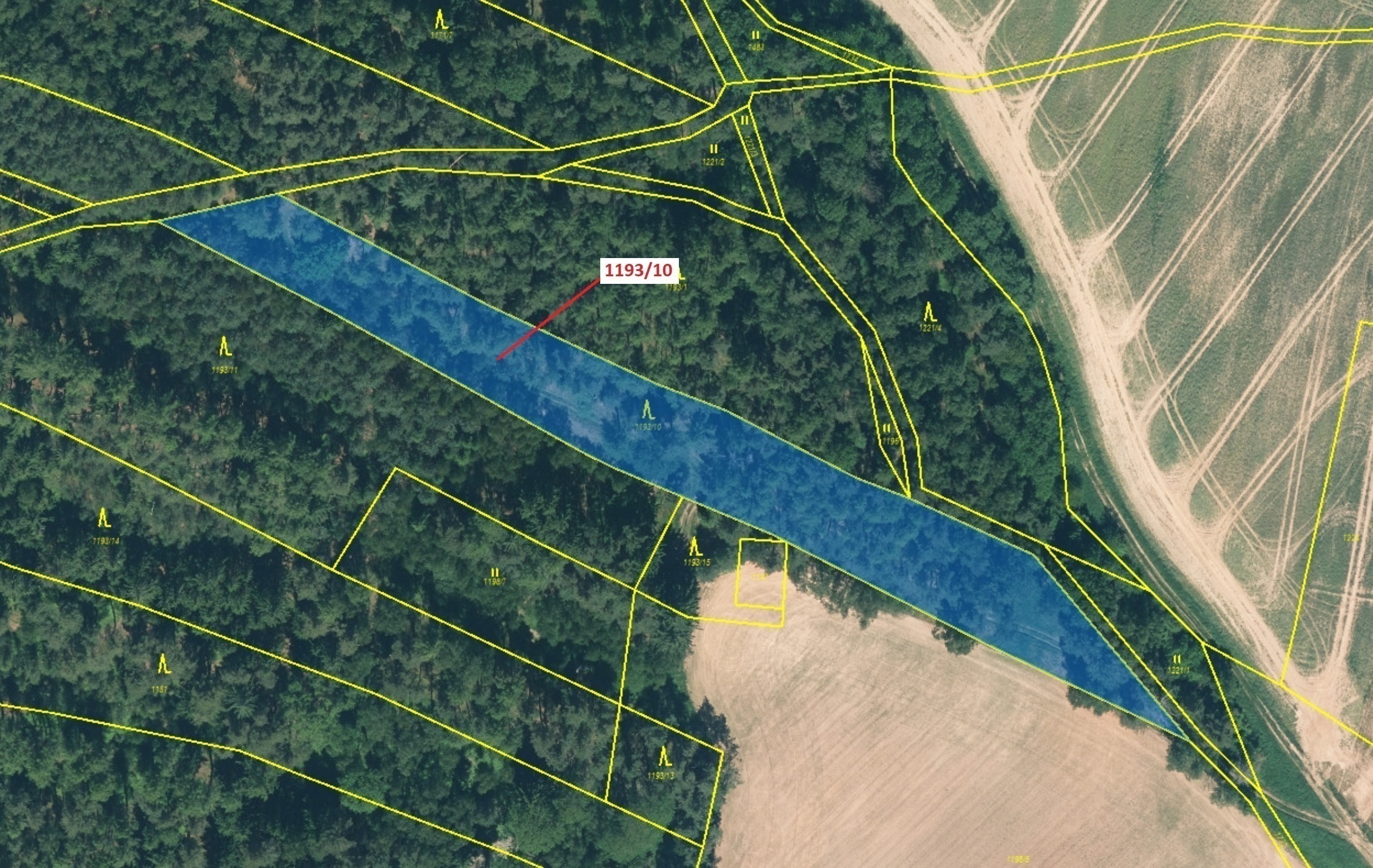 Lesní pozemek o výměře 4 694 m2, podíl 1/1, katastrální území Podbořánky, obec Jesenice, obec s rozš