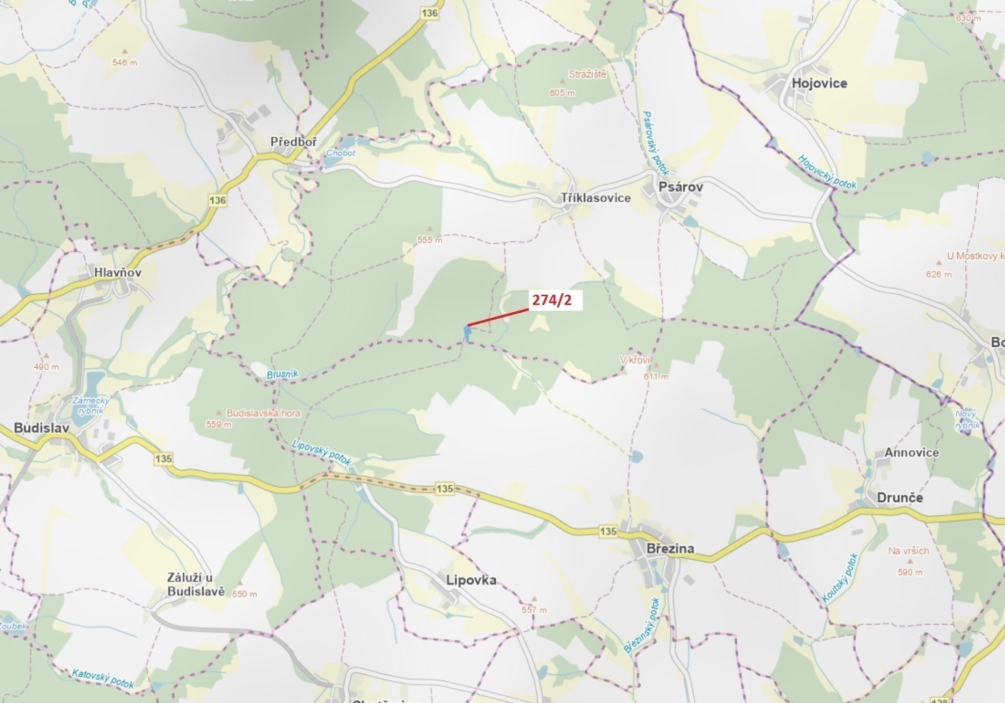 Lesní pozemek o výměře 5 348 m2, podíl 1/1, katastrální území Tříklasovice, obec Psárov, obec s rozš