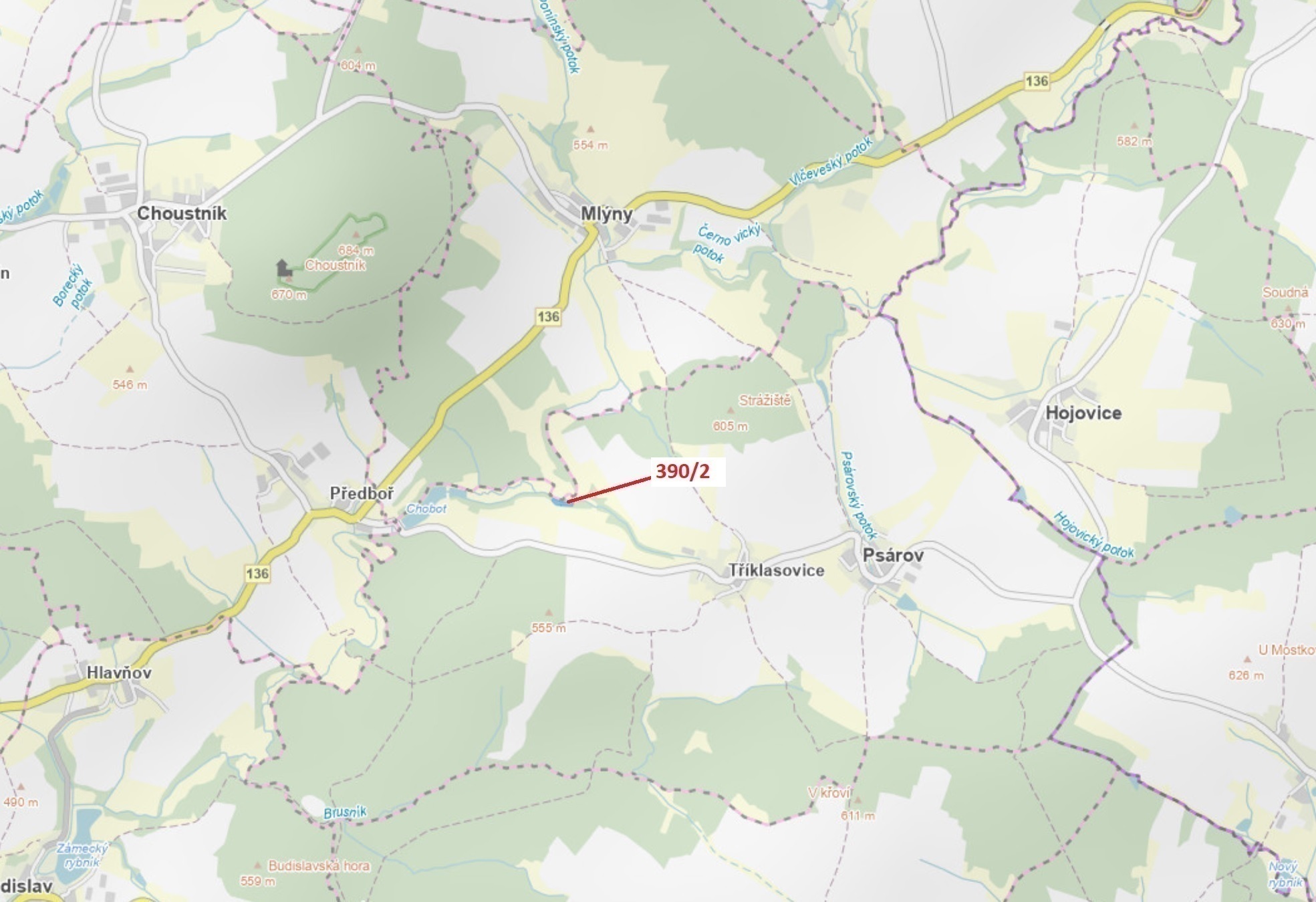 Lesní pozemek o výměře 3464 m2, podíl 1/1, katastrální území Tříklasovice, obec Psárov, obec s rozší