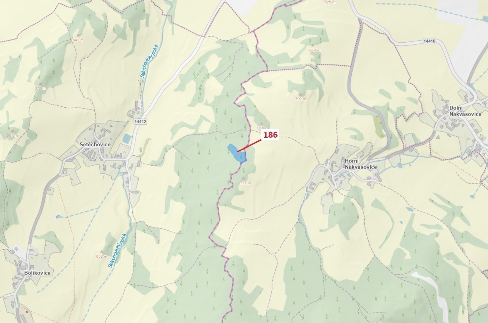 Lesní pozemek o výměře 4542 m2, podíl 1/1, katastrální území Setěchovice, obec Zálezly, obec s rozší