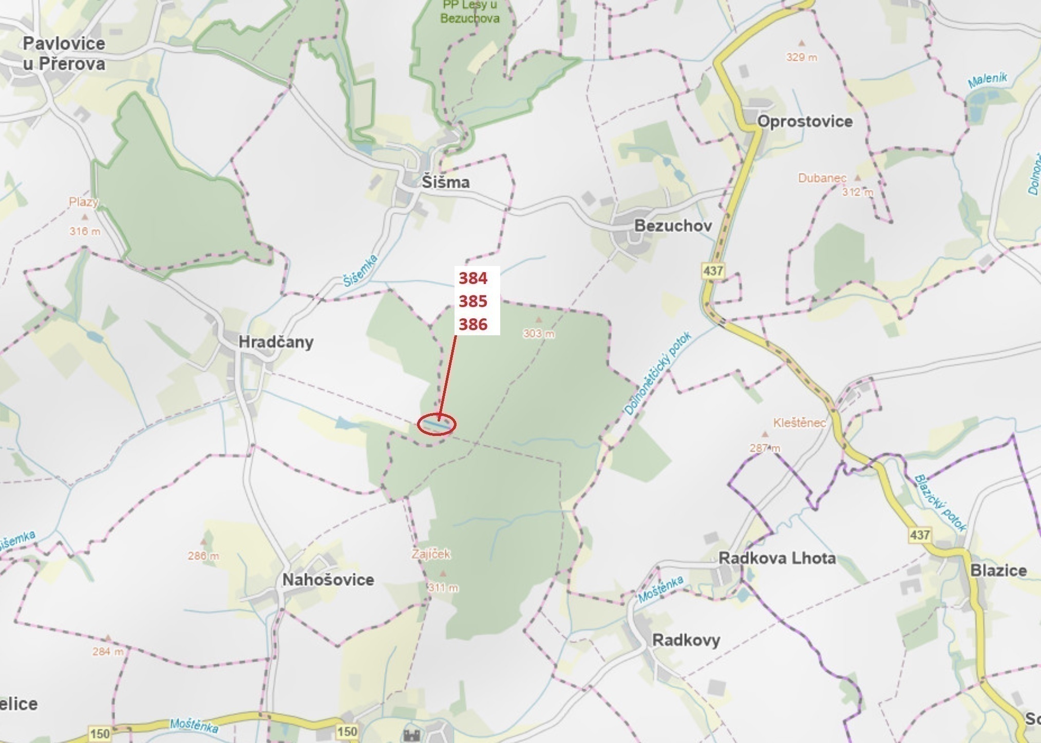 Lesní pozemky o výměře 3483 m2, podíl 1/1, katastrální území Hradčany na Moravě, obec Hradčany, obec