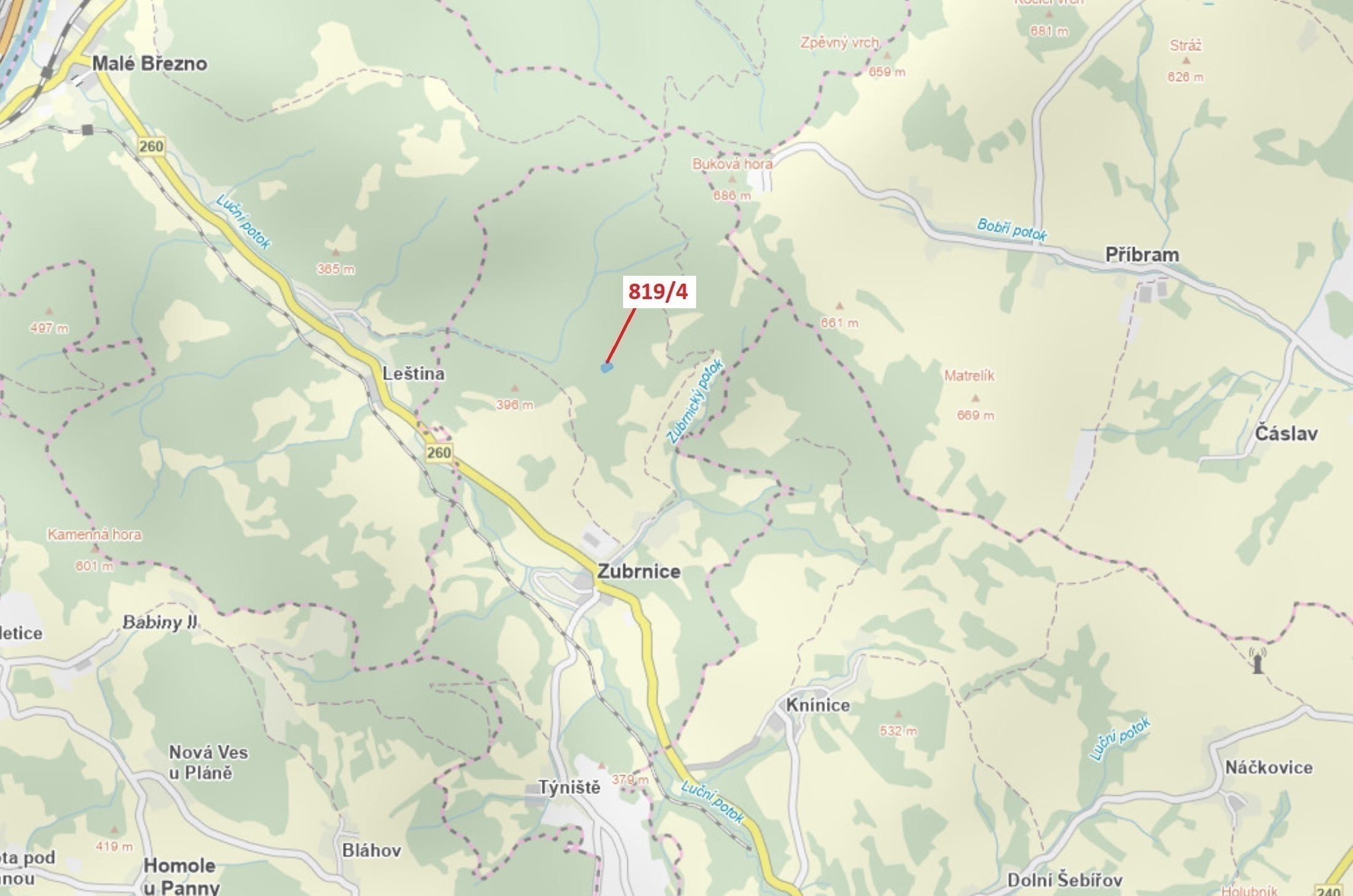 Lesní pozemek o výměře 2 875 m2, podíl  9/10, katastrální území Zubrnice, obec Zubrnice, obec s rozš