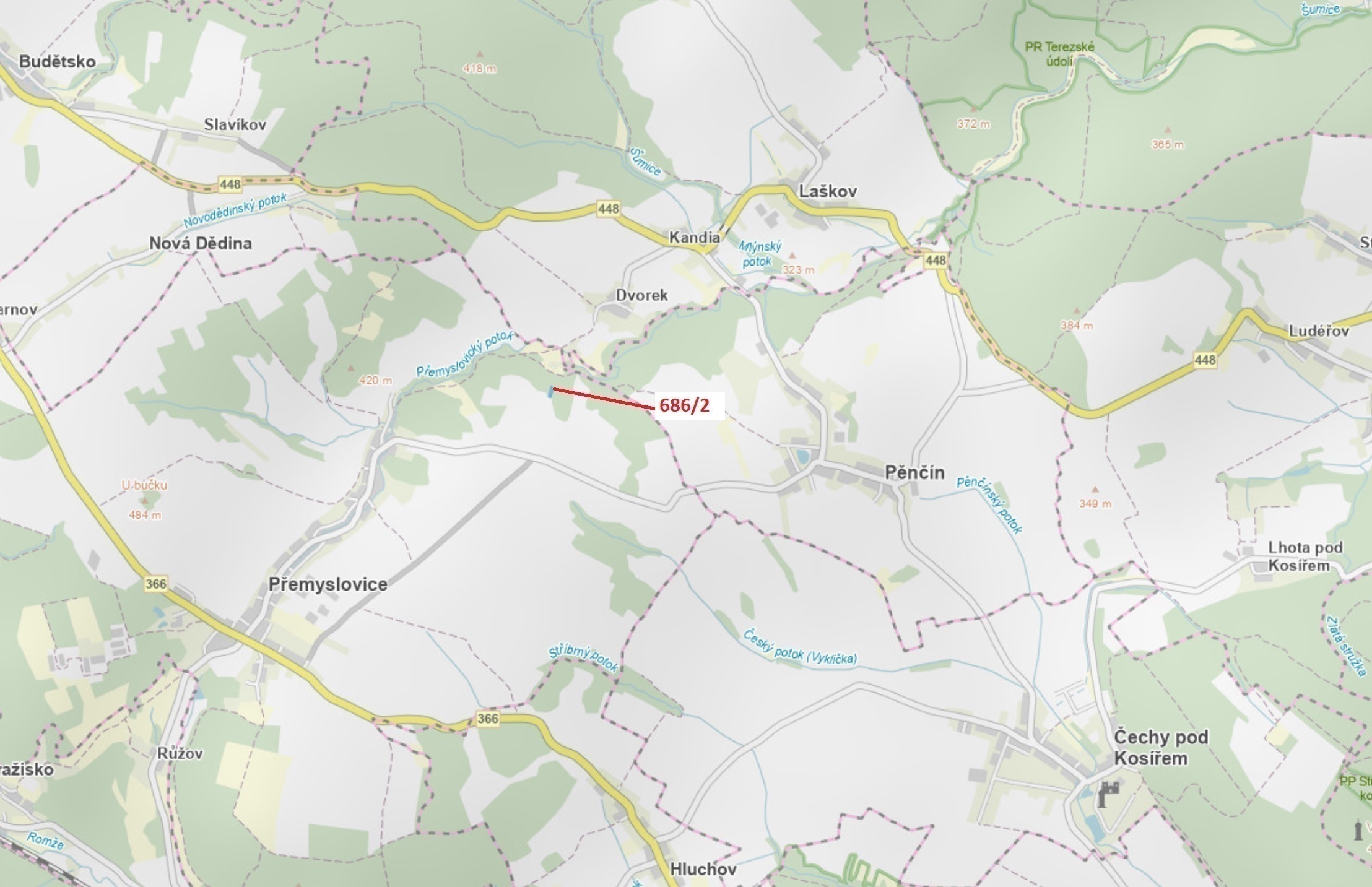 Lesní pozemek o výměře 1381 m2, podíl 1/1, katastrální území Přemyslovice, obec Přemyslovice, obec s