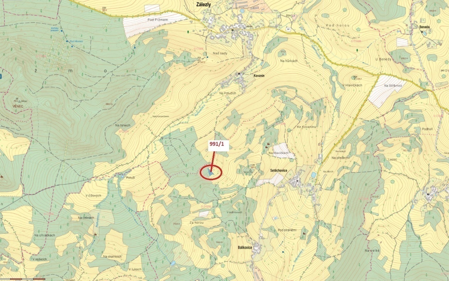 Ostatní plocha o výměře 1482 m2, podíl 1/1, katastrální území Setěchovice, obec Zálezly, obec s rozš