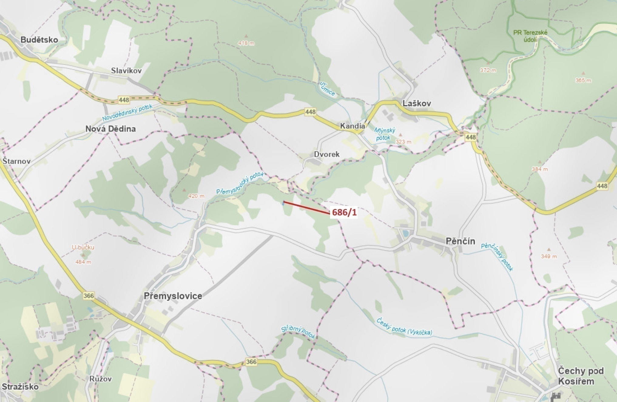 Lesní pozemek o výměře 1280 m2, podíl 1/1, katastrální území Přemyslovice, obec Přemyslovice, obec s