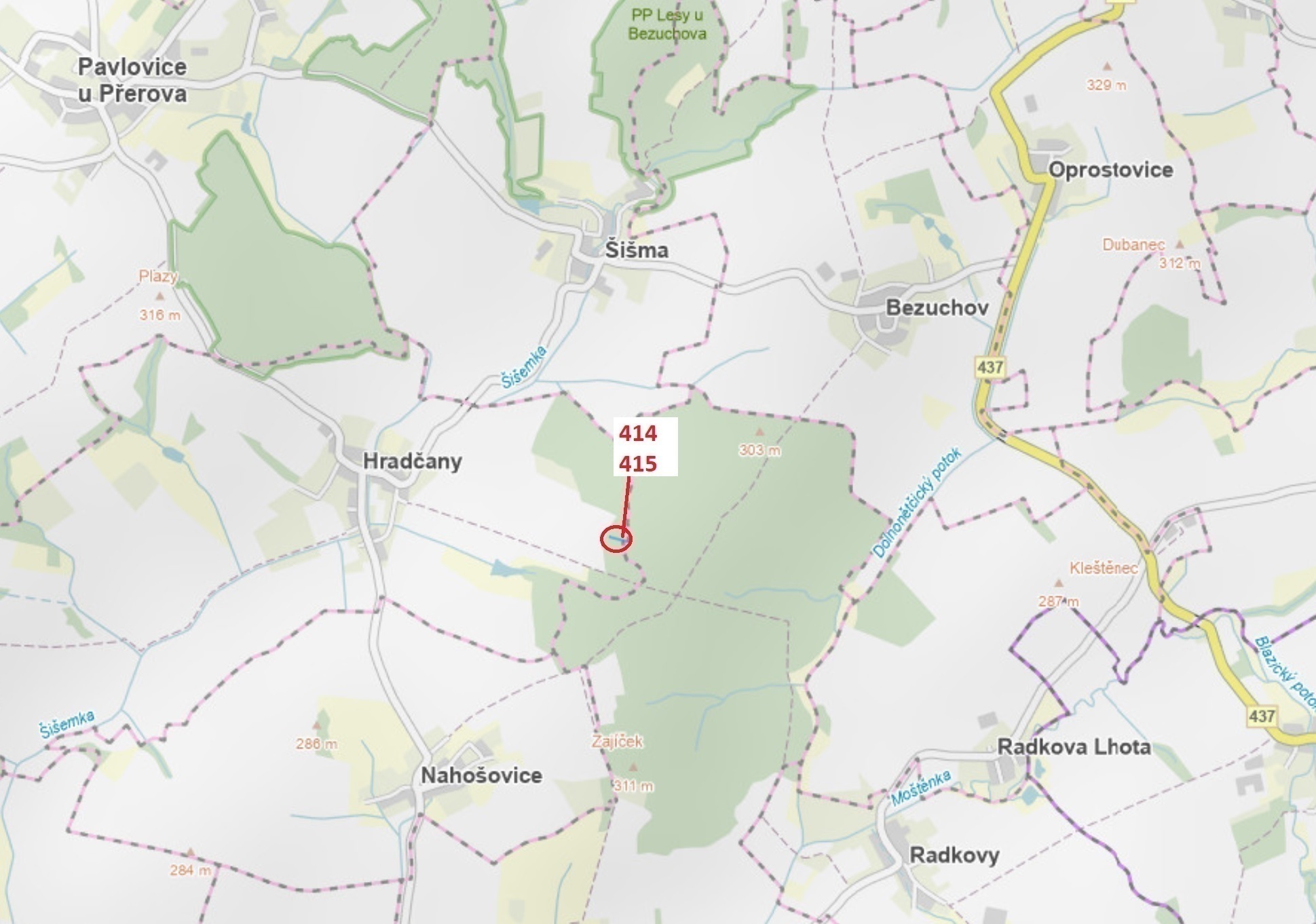 Lesní pozemek o výměře 975 m2, podíl 1/1, katastrální území Hradčany na Moravě, obec Hradčany, obec 