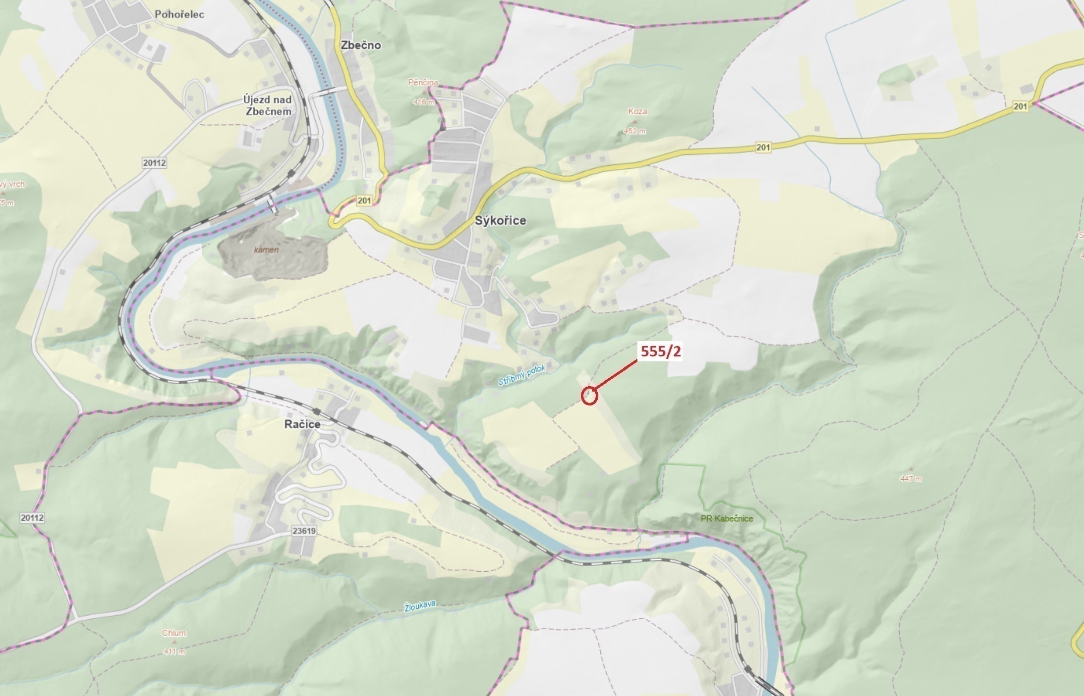Lesní pozemek o výměře 28 m2, podíl 1/1, katastrální území Sýkořice, obec Sýkořice, obec s rozšířeno