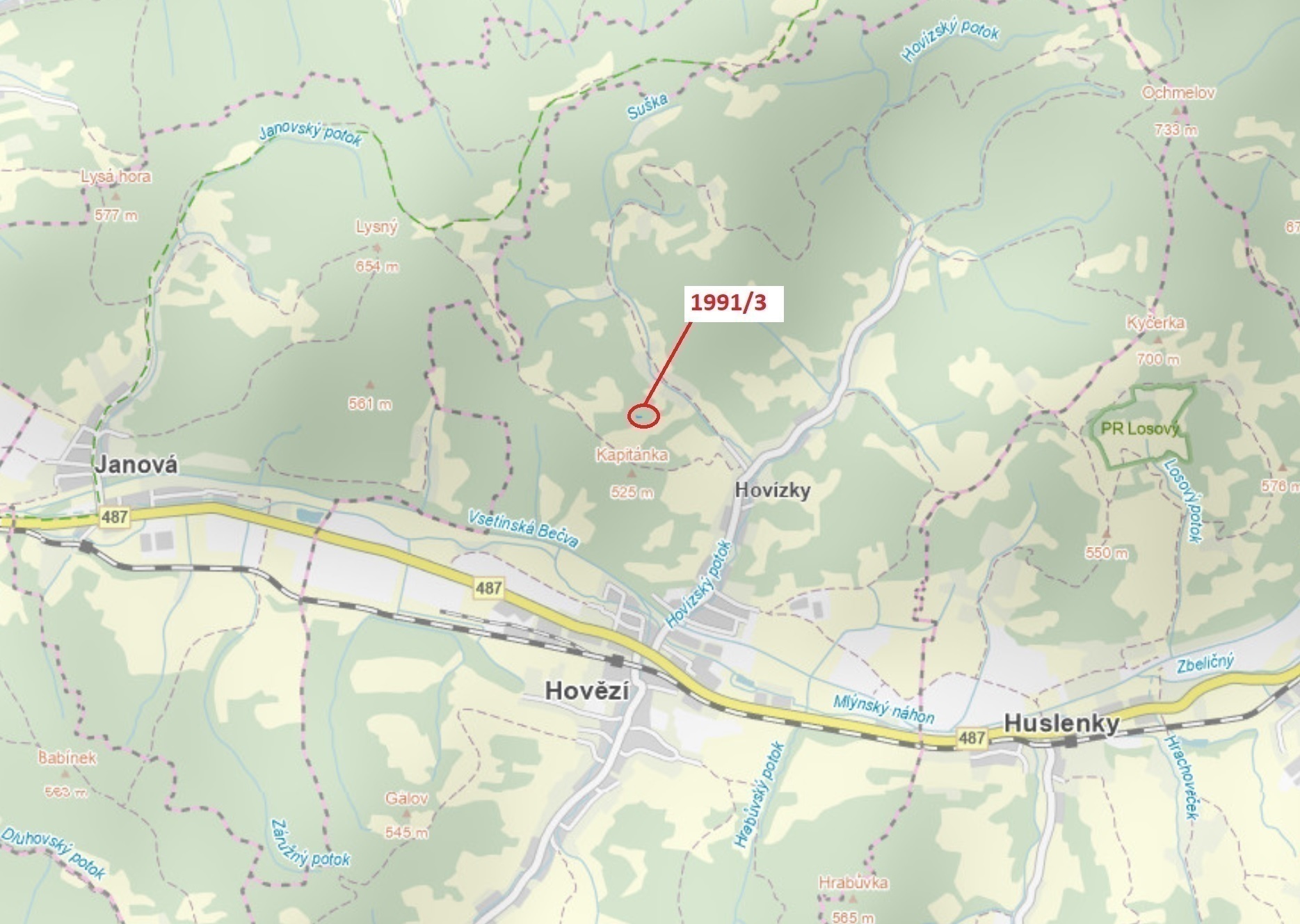 Lesní pozemek o výměře 115 m2, podíl 1/1, katastrální území Hovězí, obec Hovězí, obec s rozšířenou p