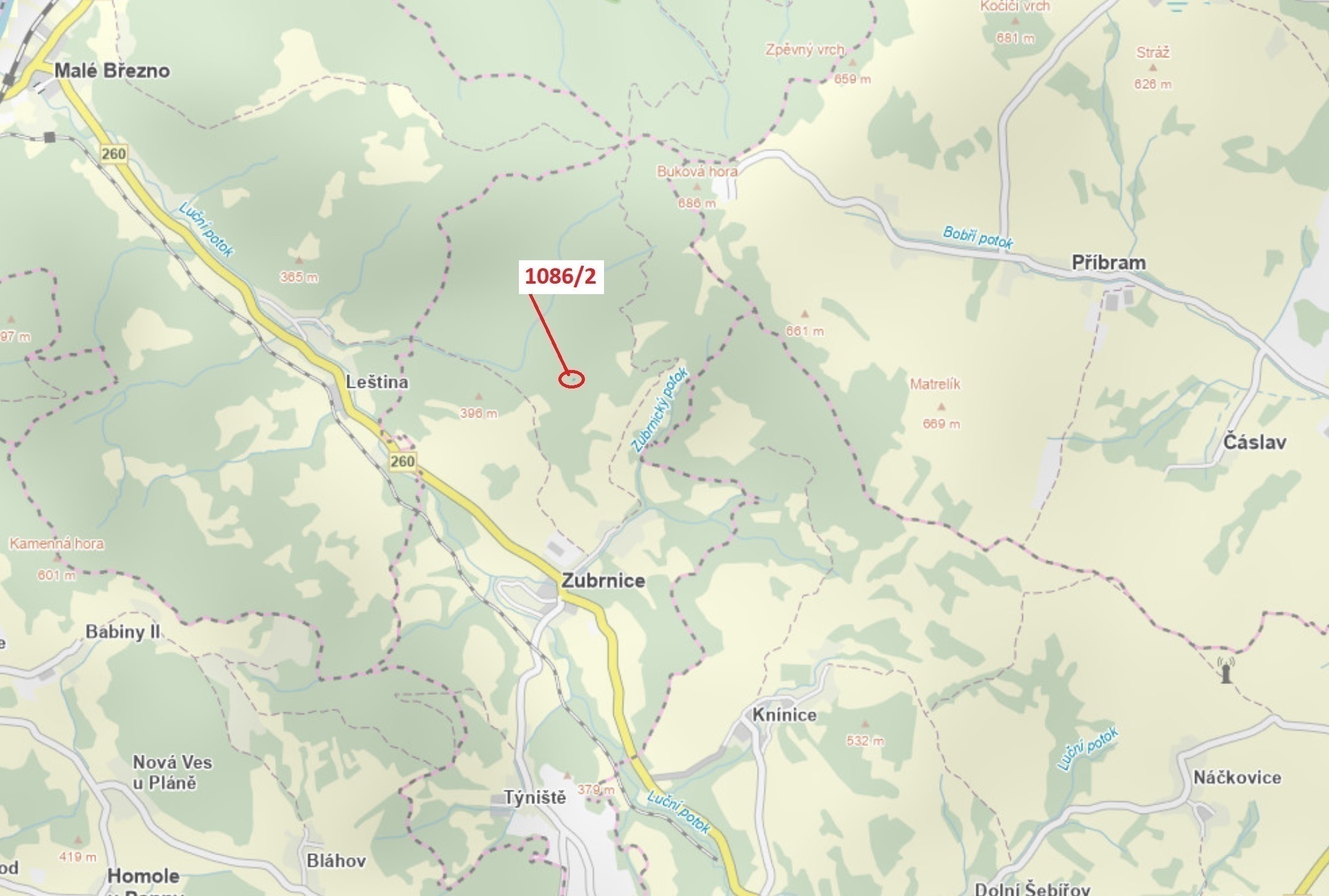 Lesní pozemek o výměře 26 m2, podíl  9/10, katastrální území Zubrnice, obec Zubrnice, obec s rozšíře