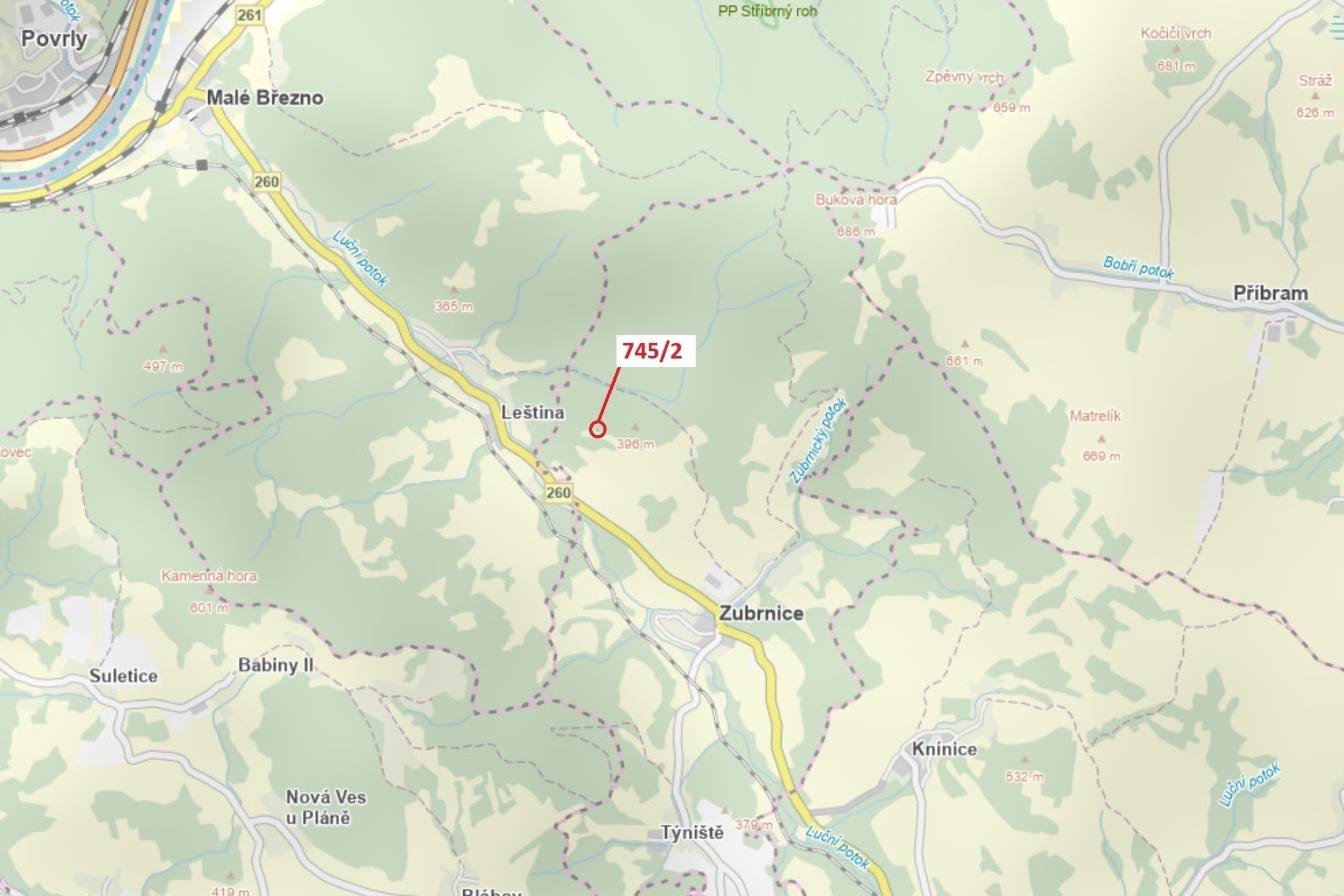 Lesní pozemek o výměře 5 m2, podíl  9/10, katastrální území Zubrnice, obec Zubrnice, obec s rozšířen