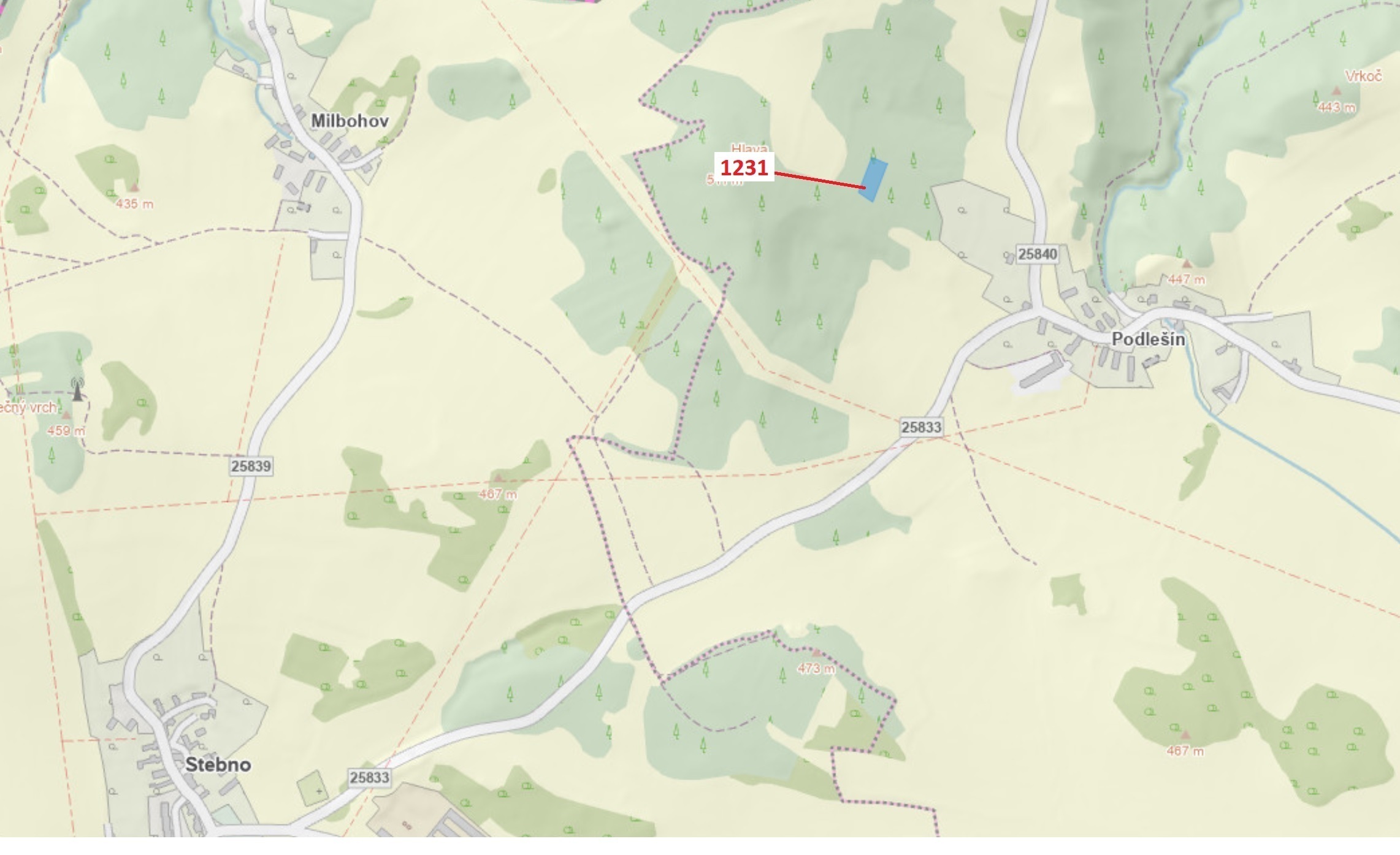 Lesní pozemek o výměře 1462 m2, podíl 1/1, katastrální území Podlešín u Stebna, obec Stebno, obec s 