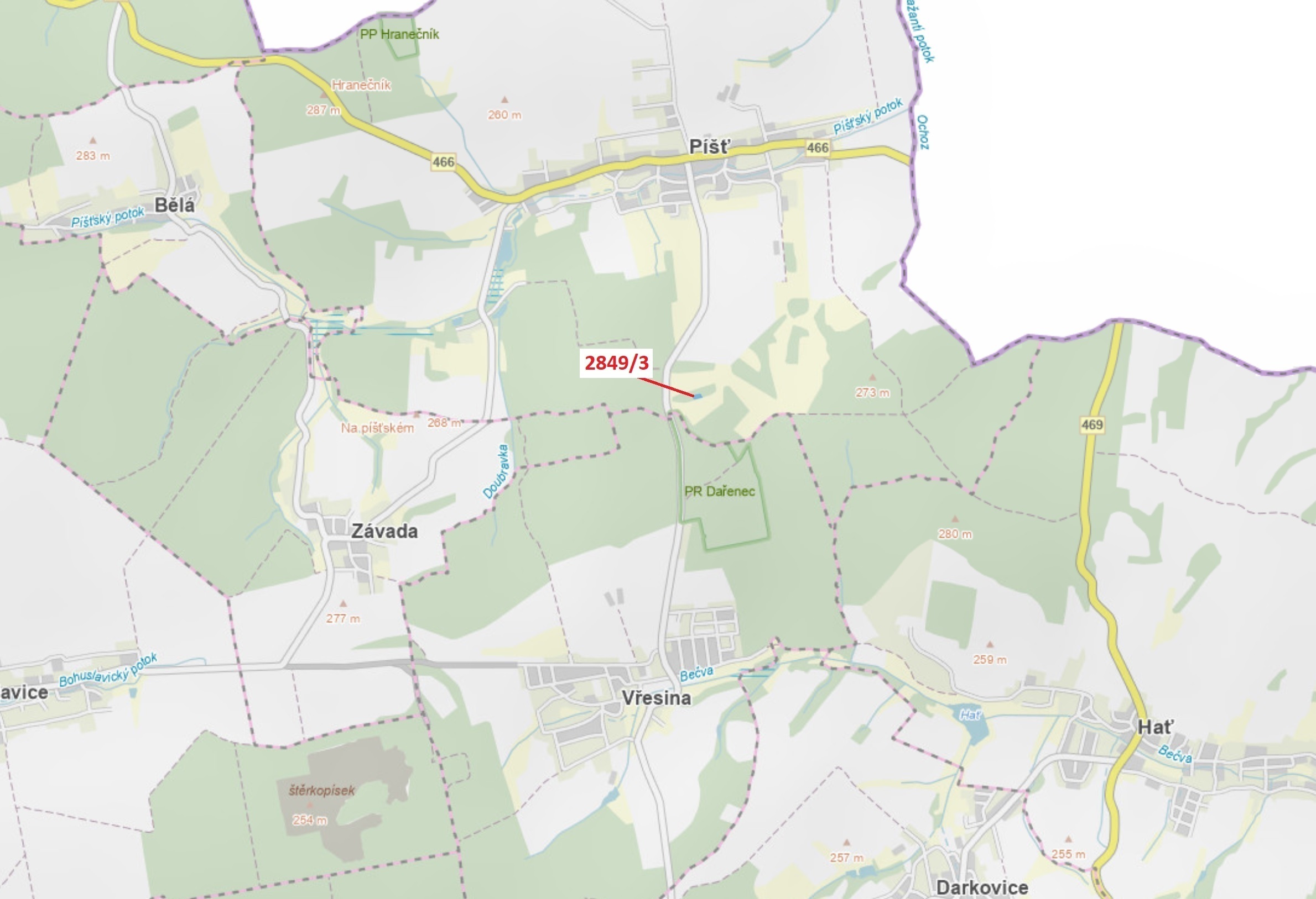 Lesní pozemek o výměře 1130 m2, podíl 1/1, katastrální území Píšť, obec Píšť, obec s rozšířenou půso