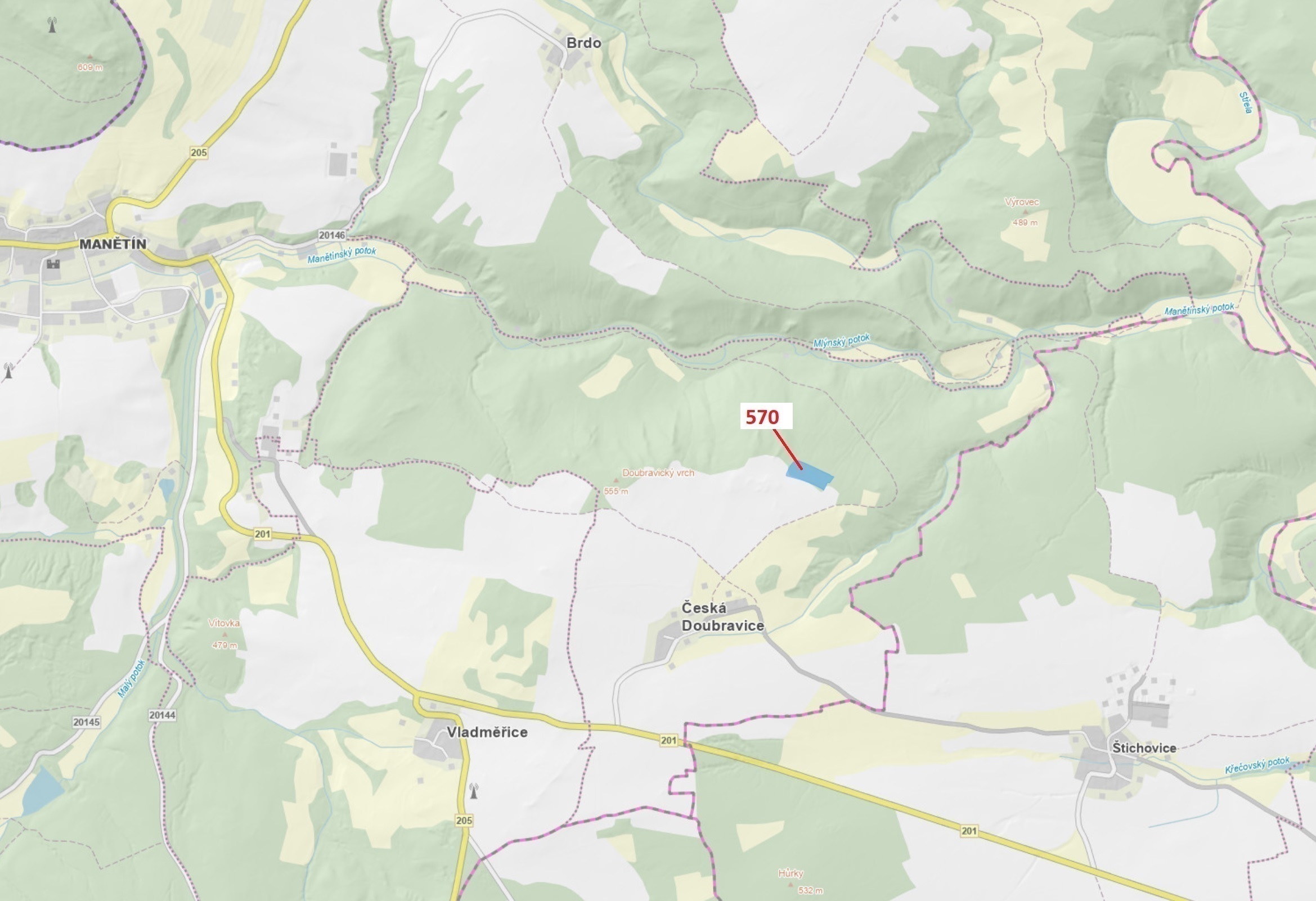 Lesní pozemek o výměře 14 260 m2, podíl 1/1, katastrální území Česká Doubravice, obec Manětín, obec 