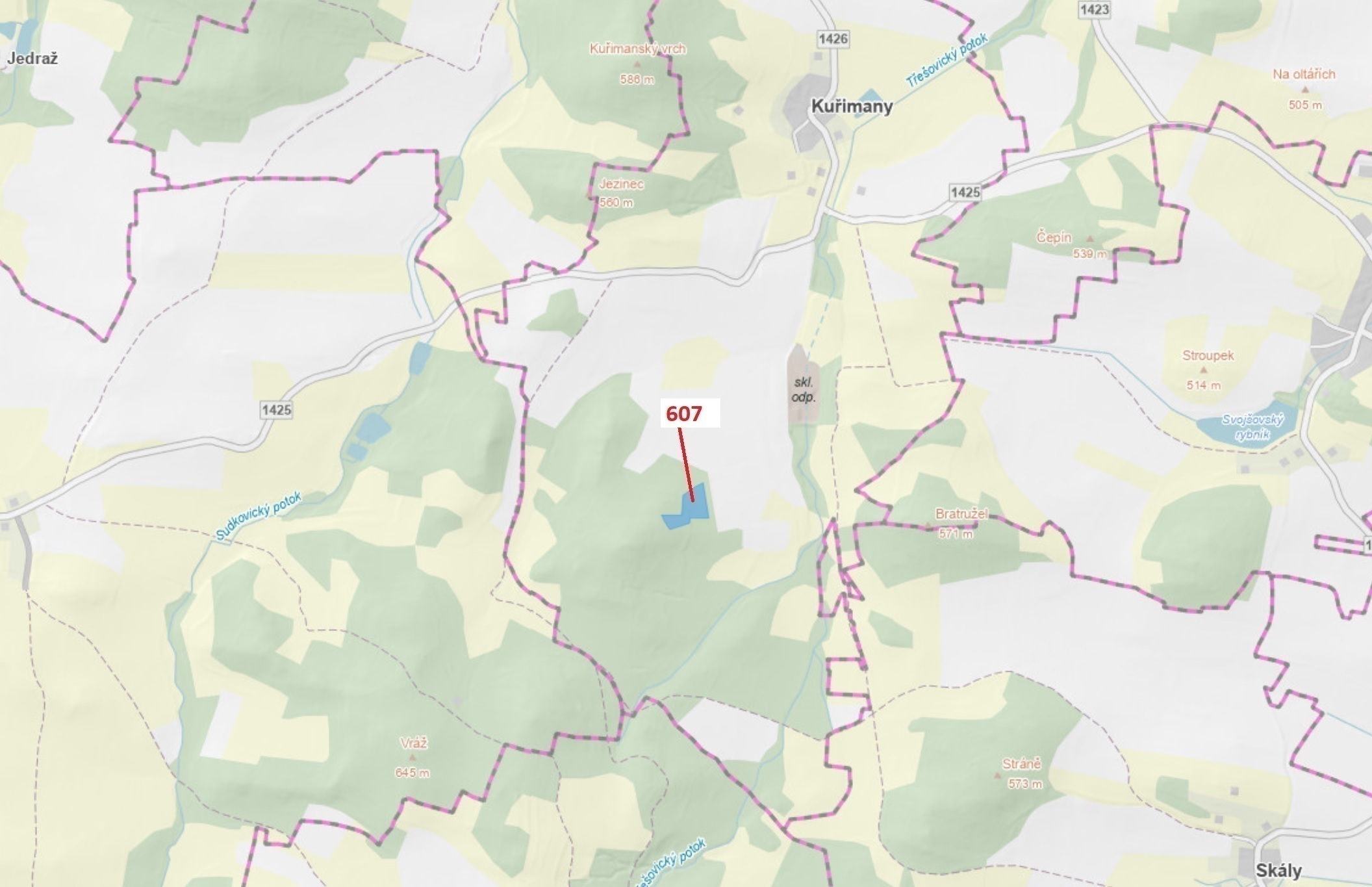 Lesní pozemek o výměře 10 437 m2, podíl 1/1, katastrální území Kuřimany, obec Kuřimany, obec s rozší