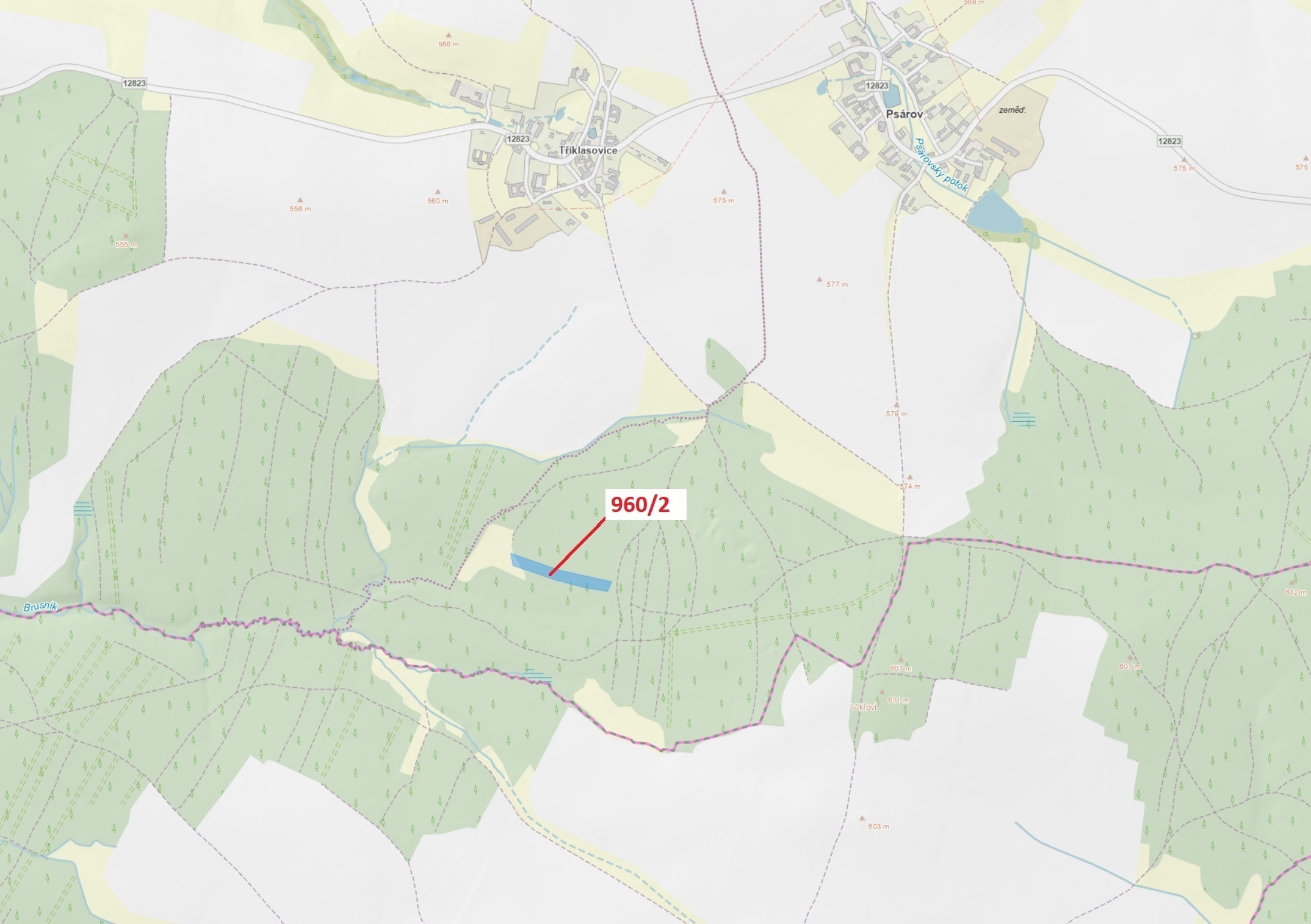 Lesní pozemek o výměře 7607 m2, podíl 1/1, katastrální území Psárov, obec Psárov, obec s rozšířenou 