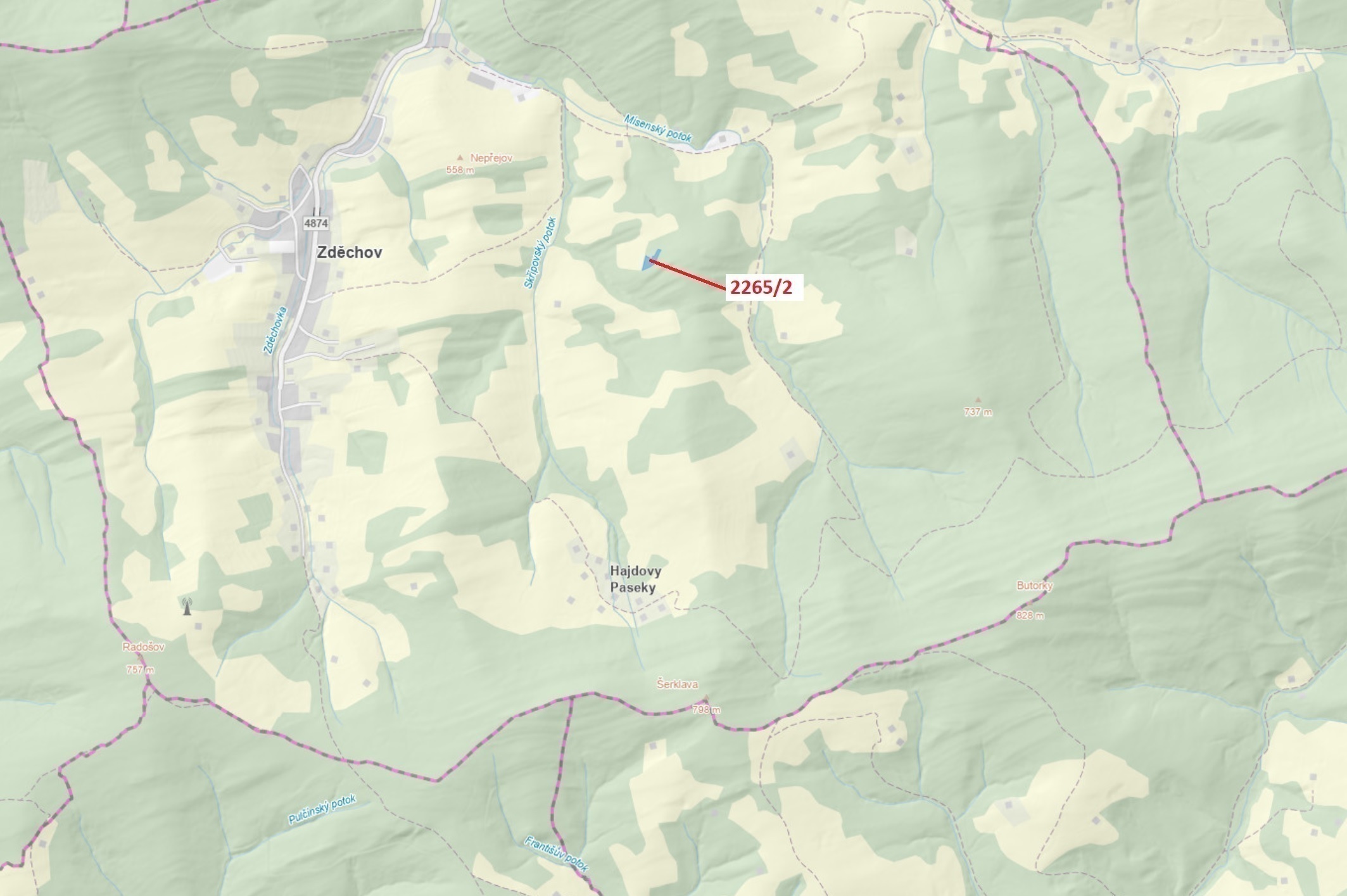 Lesní pozemek o výměře 2225 m2, podíl 1/1, katastrální území Zděchov, obec Zděchov, obec s rozšířeno