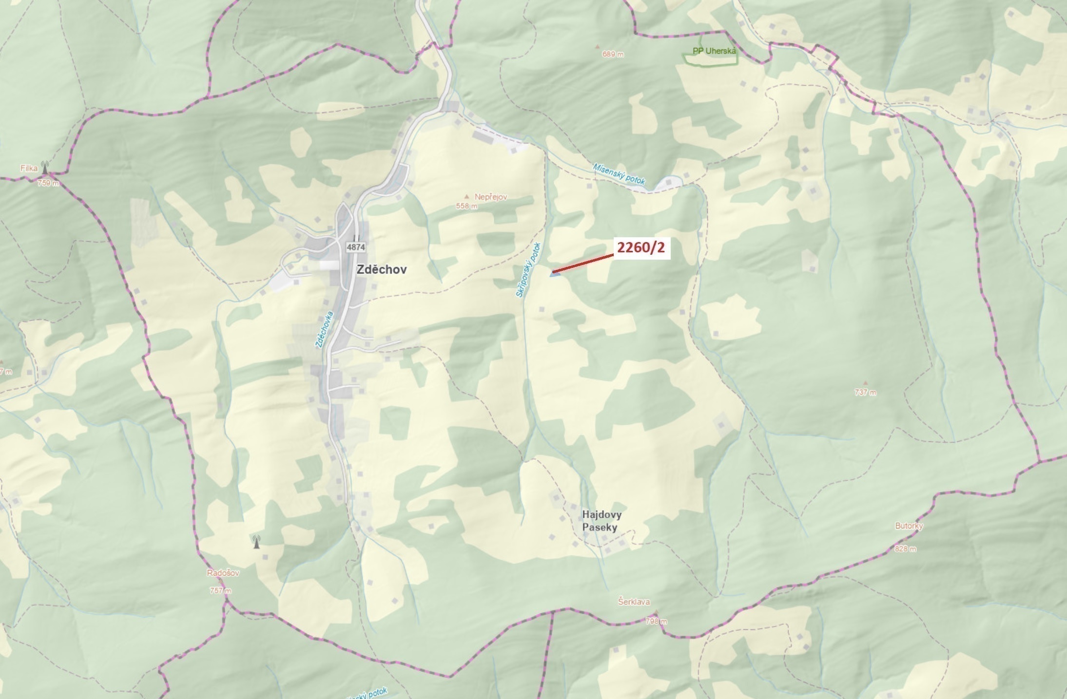 Lesní pozemek o výměře 1022 m2, podíl 1/1, katastrální území Zděchov, obec Zděchov, obec s rozšířeno