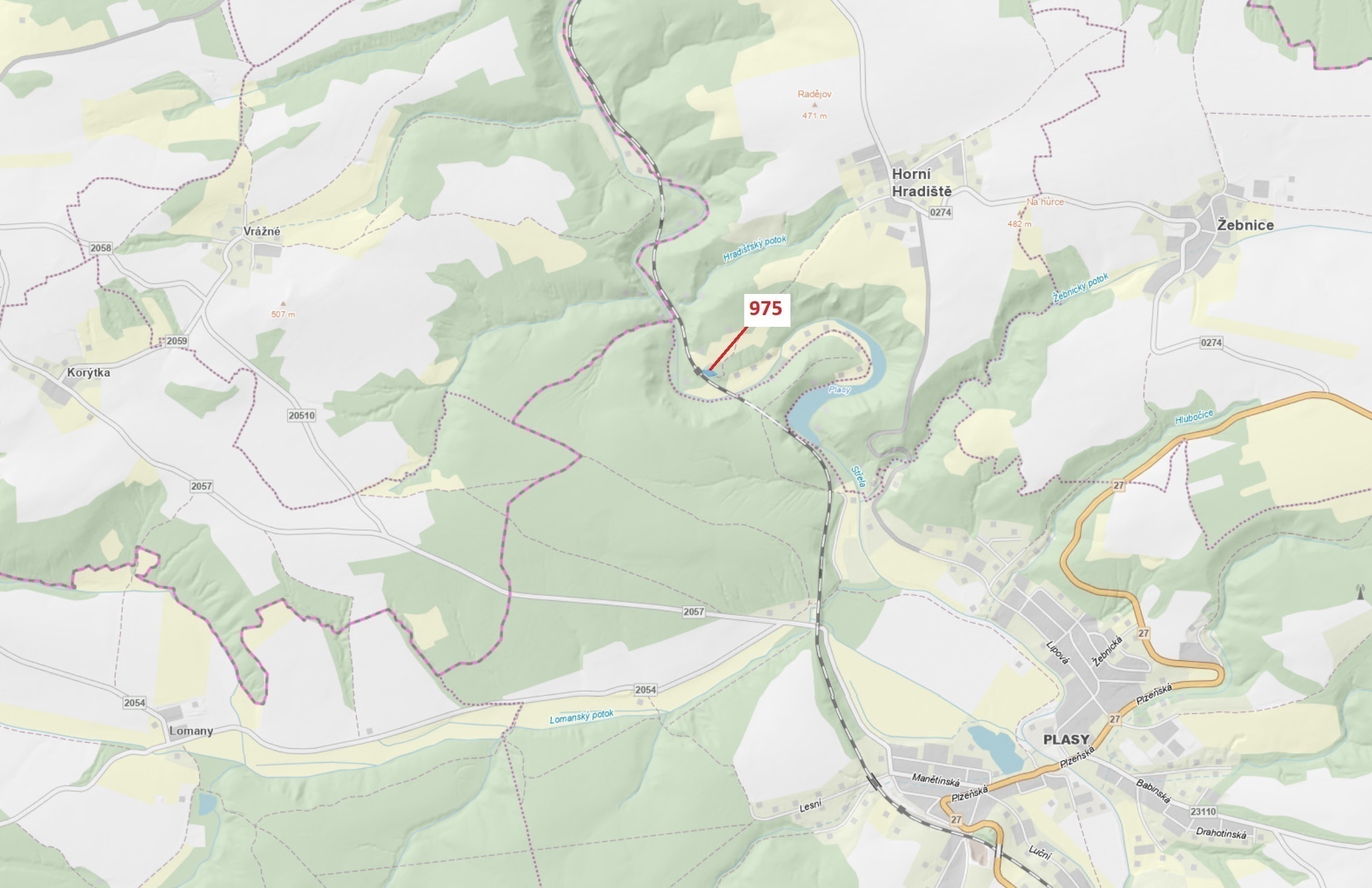 Lesní pozemek o výměře 1 287 m2, podíl 1/1, katastrální území Horní Hradiště, obec Plasy, obec s roz