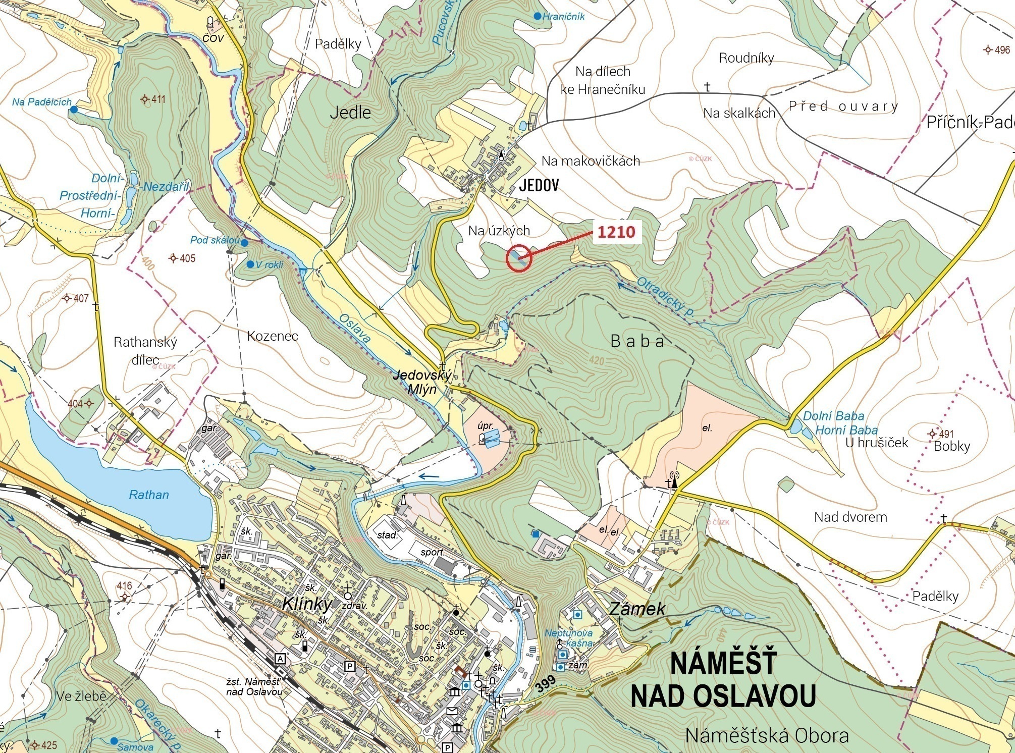 Lesní pozemek o výměře 1128 m2, podíl 1/1, katastrální území Jedov, obec Náměšť nad Oslavou, obec s 