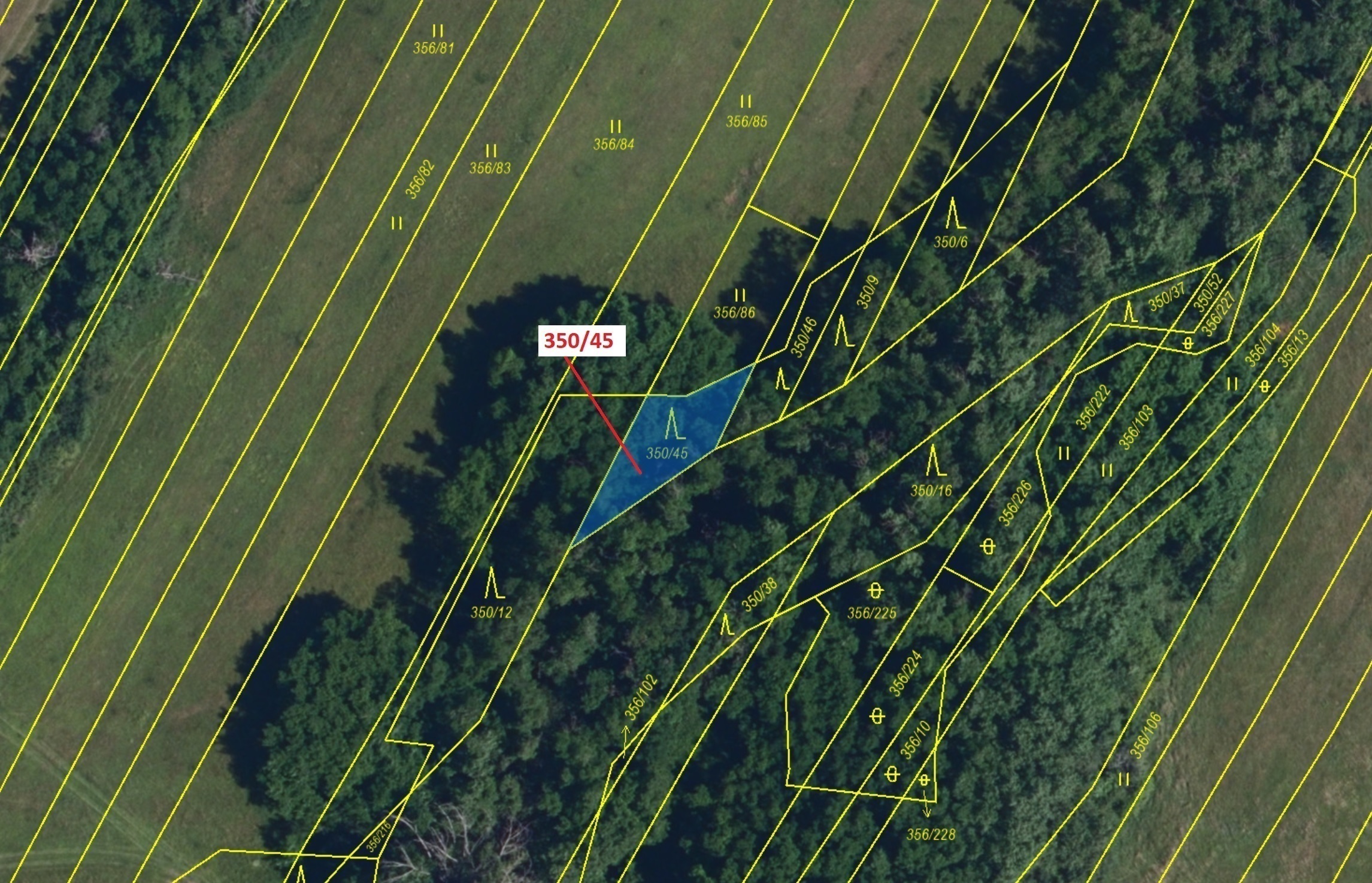 Lesní pozemek o výměře 183 m2, podíl 1/1, katastrální území Hrubšice, obec Ivančice, obec s rozšířen