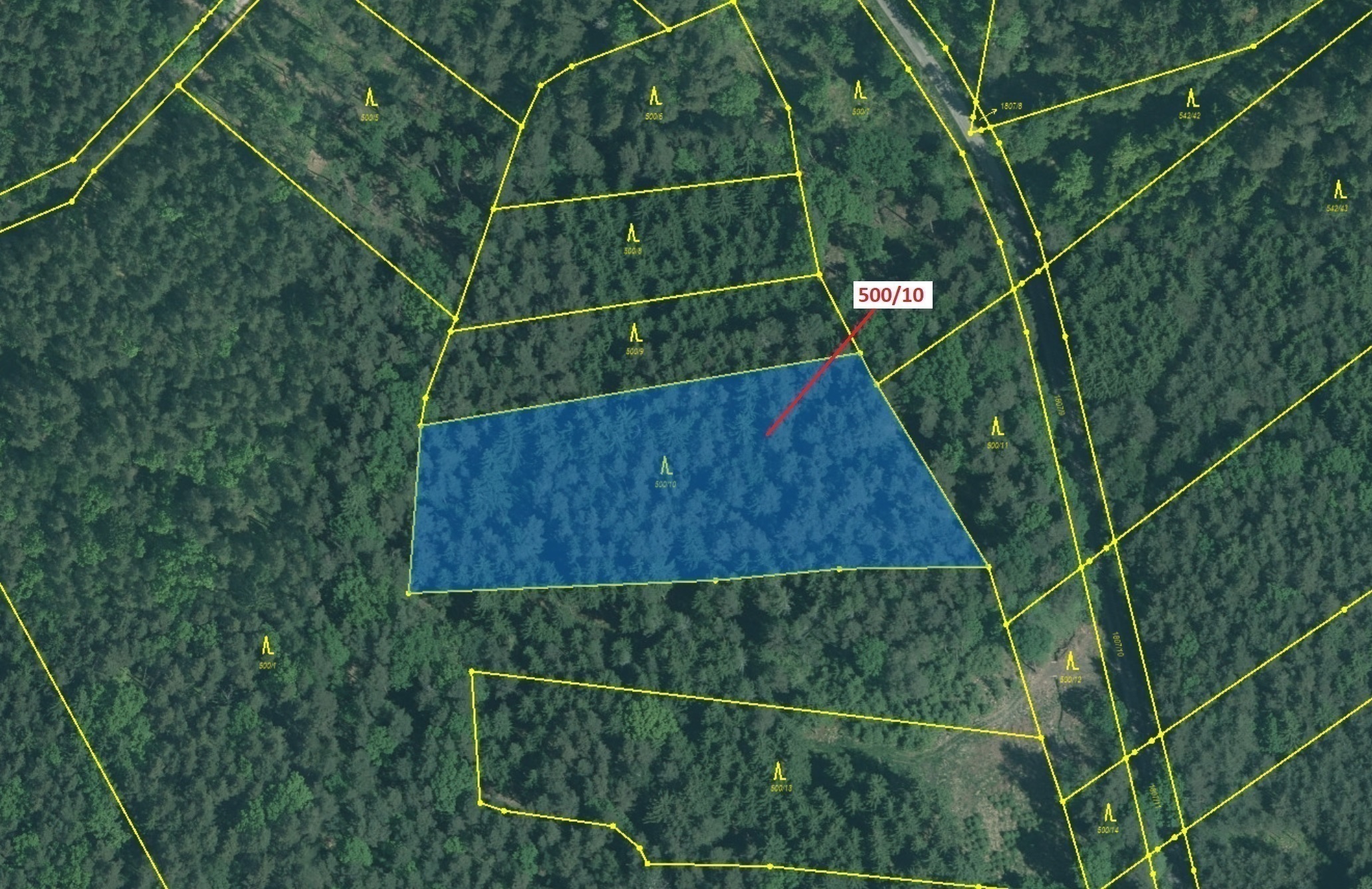 Lesní pozemek o výměře 5 755 m2, podíl 1/1, katastrální území Jílovice u Trhových Svinů, obec Jílovi