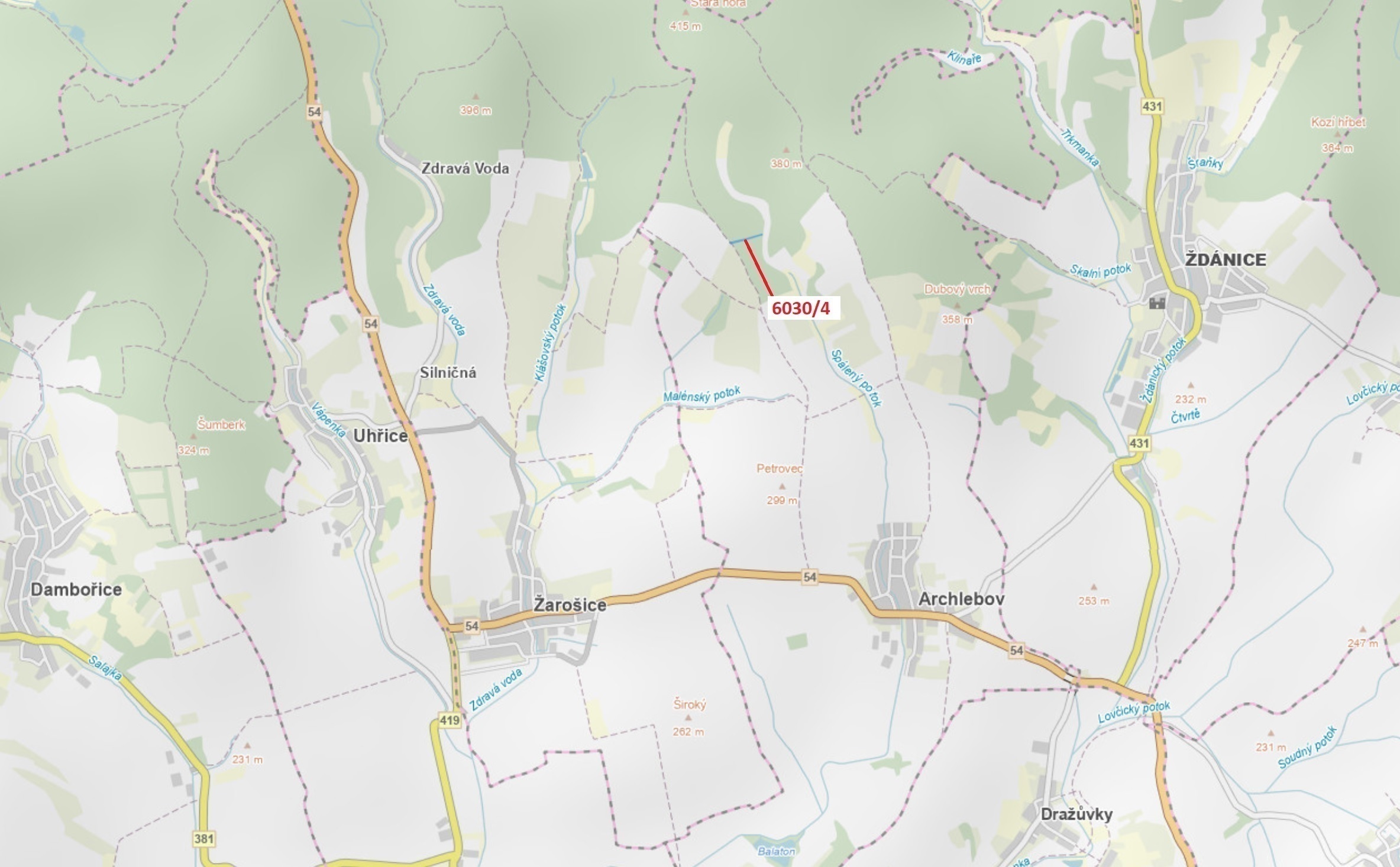 Lesní pozemek o výměře 2108 m2, podíl 1/1, katastrální území Archlebov, obec Archlebov, obec s rozší