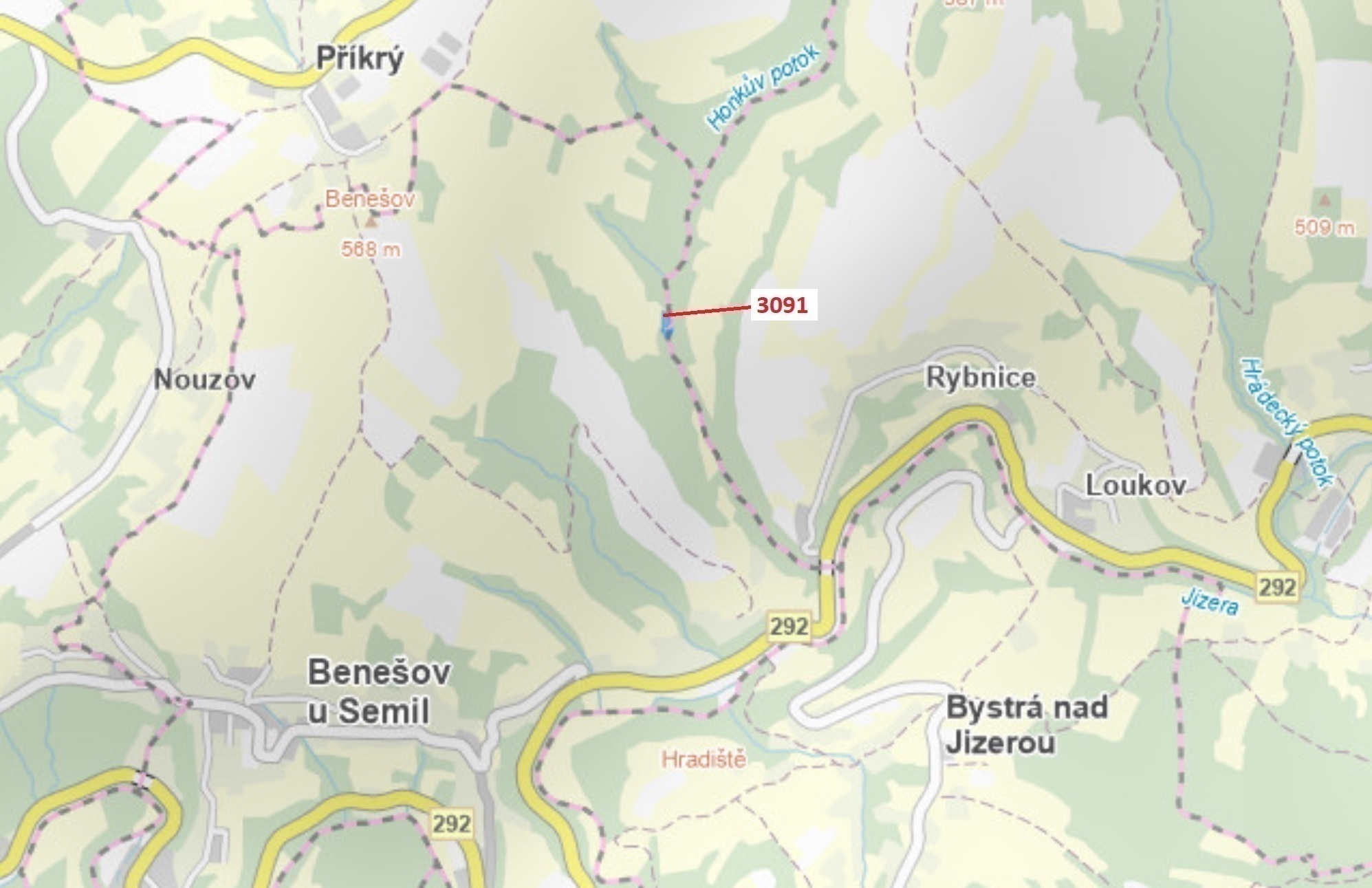 Lesní pozemek o výměře 1964 m2, podíl 1/1, katastrální území Benešov u Semil, obec Benešov u Semil, 