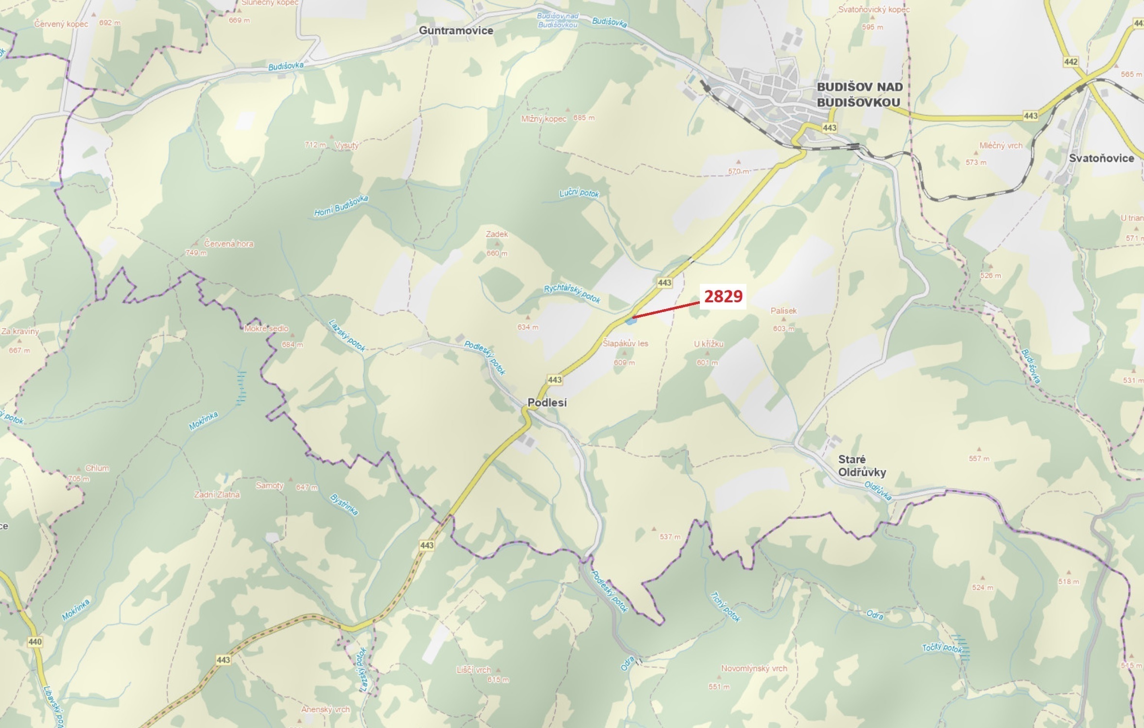 Lesní pozemek o výměře 7776 m2, podíl 1/1, katastrální území Podlesí nad Odrou, obec Budišov nad Bud