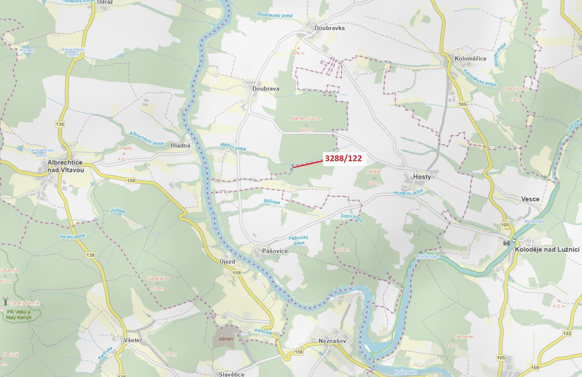 Lesní pozemek o výměře 1942 m2, podíl 1/1, katastrální území Hosty, obec Hosty, obec s rozšířenou pů