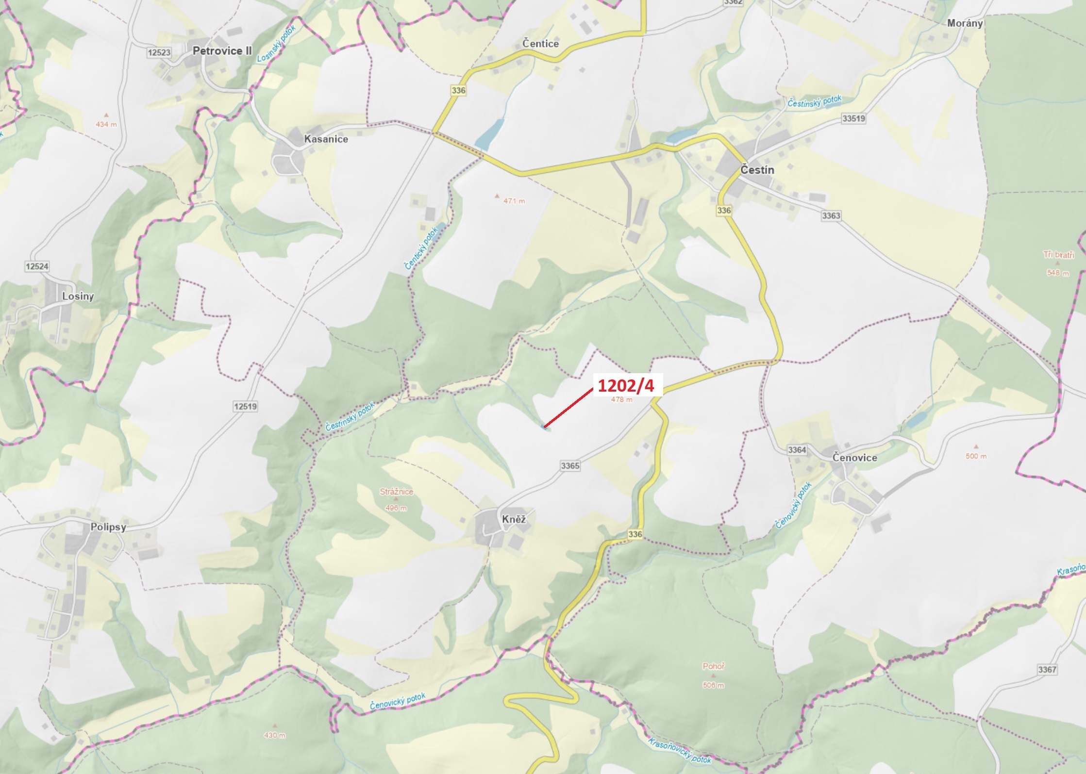 Lesní pozemek o výměře 356 m2, podíl 1/1, katastrální území Kněž u Čestína, obec Čestín, obec s rozš