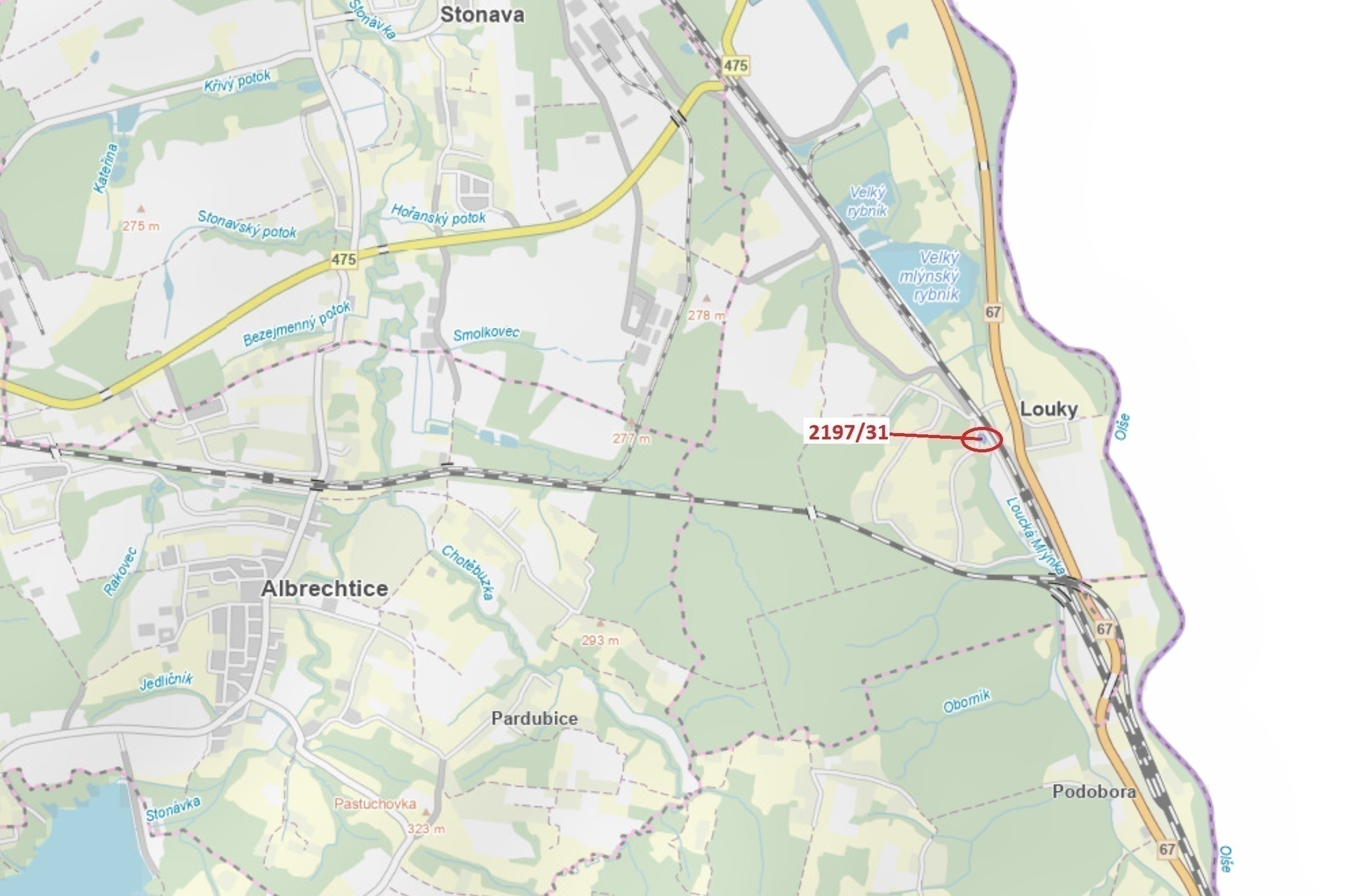 Lesní pozemek o výměře 1999 m2, podíl 1/1, katastrální území Louky nad Olší, obec Karviná, obec s ro