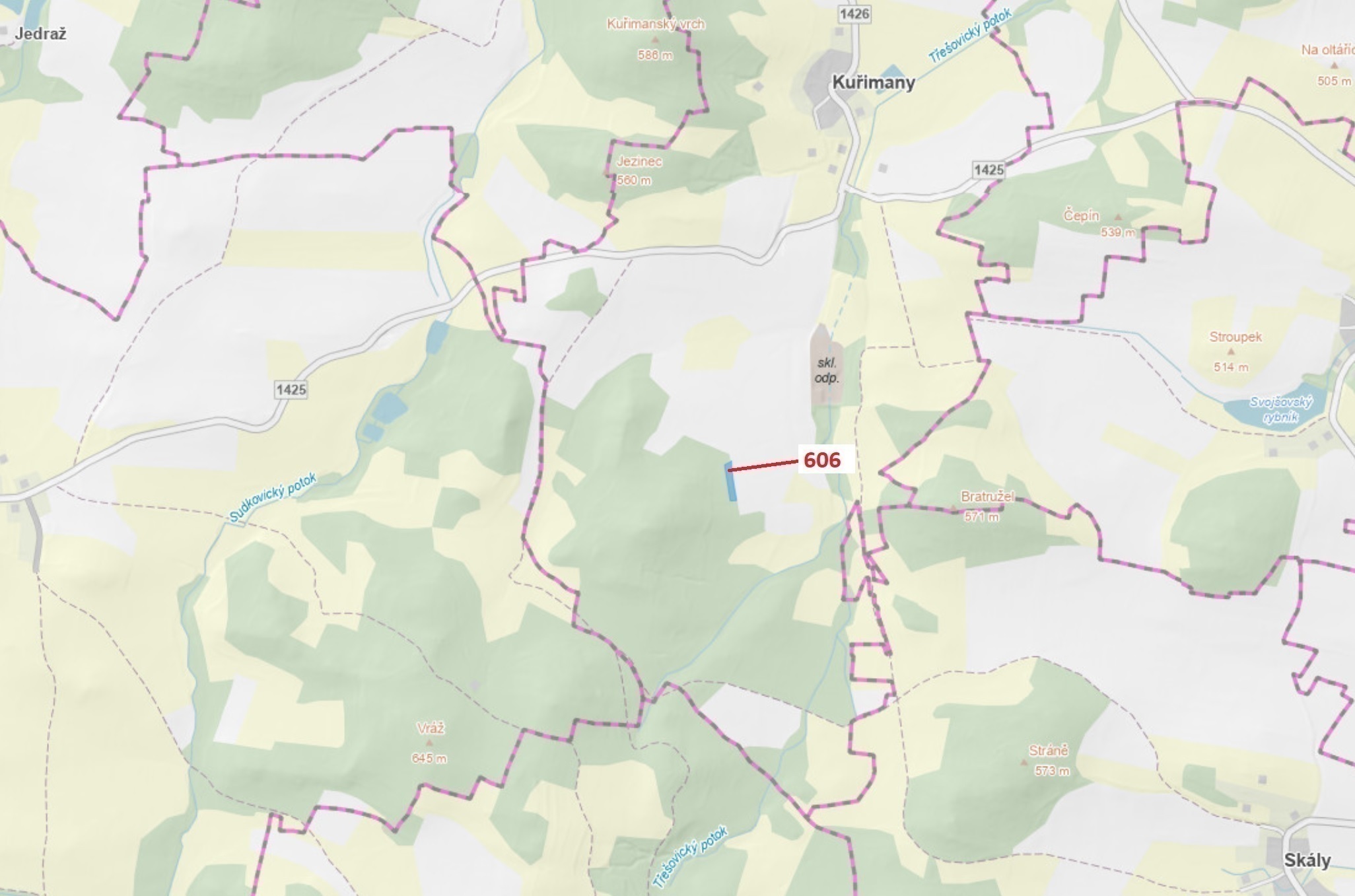 Lesní pozemek o výměře 2526 m2, podíl 1/1, katastrální území Kuřimany, obec Kuřimany, obec s rozšíře