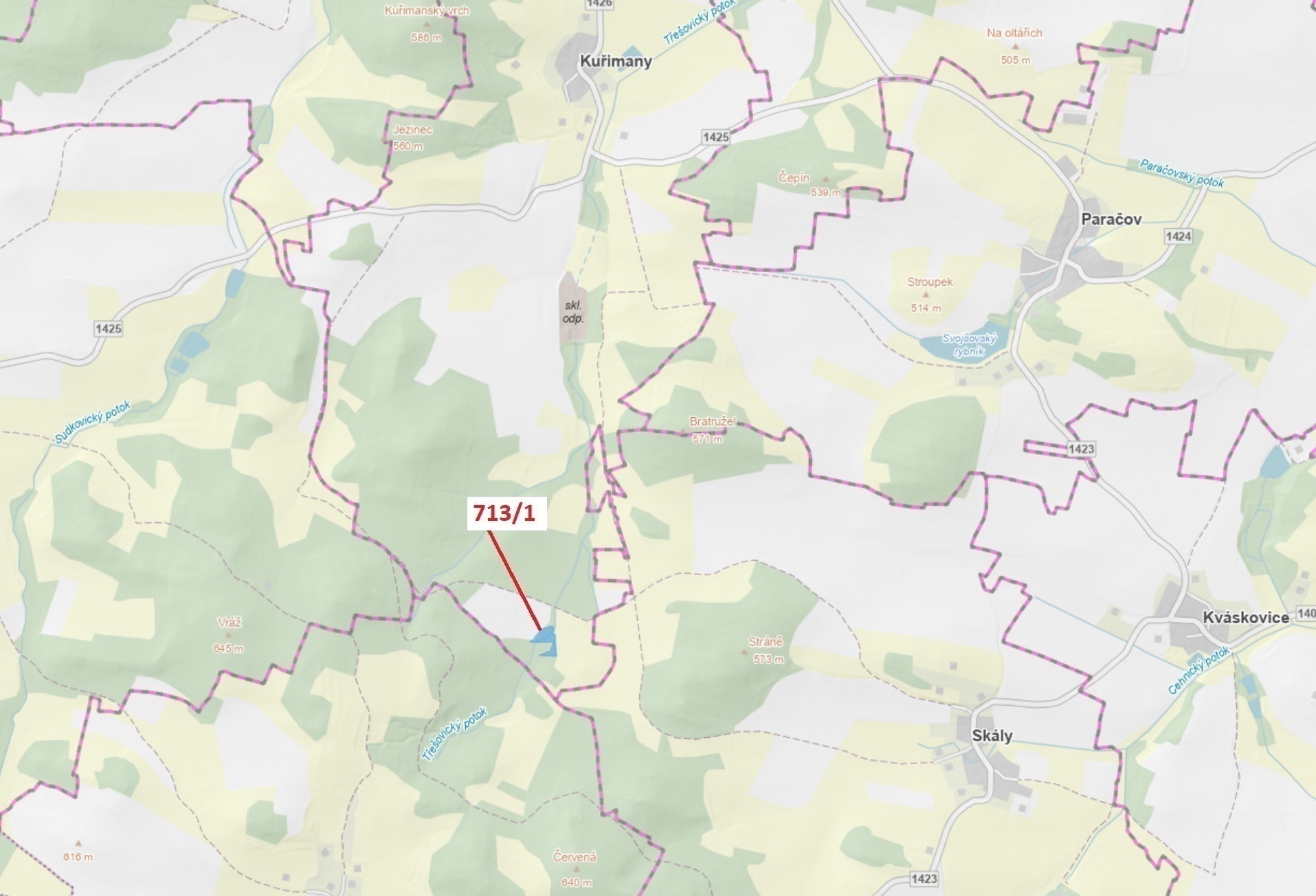 Lesní pozemek o výměře 5067 m2, podíl 1/1, katastrální území Kuřimany, obec Kuřimany, obec s rozšíře