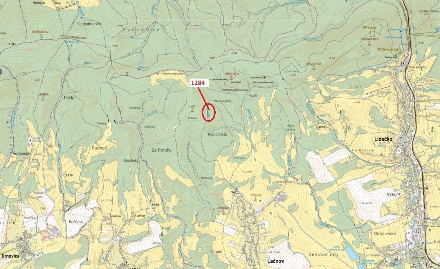 Lesní pozemek o výměře 3805 m2, podíl 1/1, katastrální území Lačnov, obec Lačnov, obec s rozšířenou 
