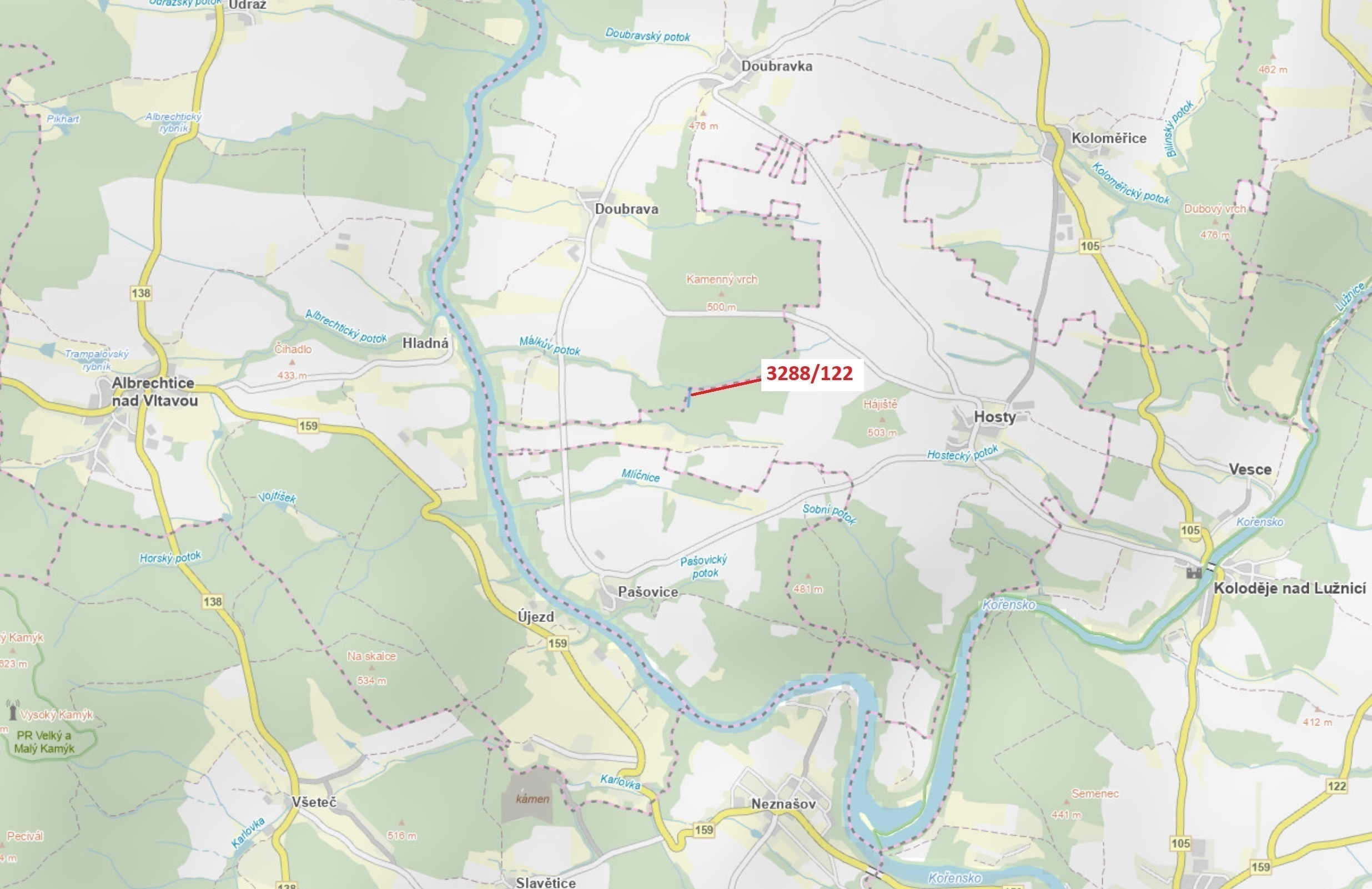 Lesní pozemek o výměře 1942 m2, podíl 1/1, katastrální území Hosty, obec Hosty, obec s rozšířenou pů