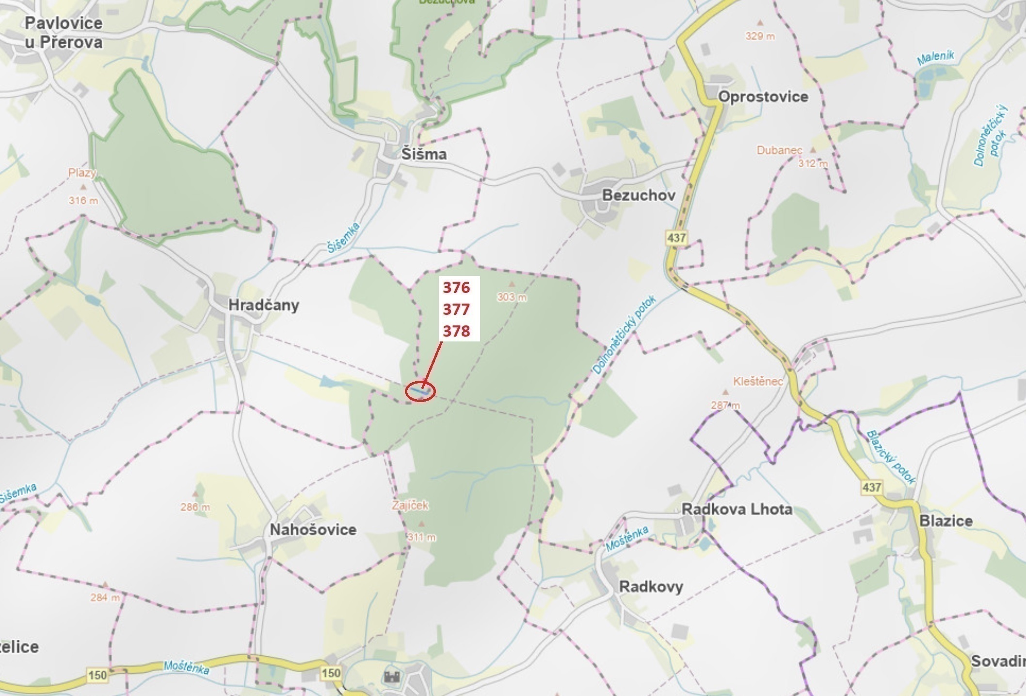 Lesní pozemky o výměře 1703 m2, podíl 1/1, katastrální území Hradčany na Moravě, obec Hradčany, obec