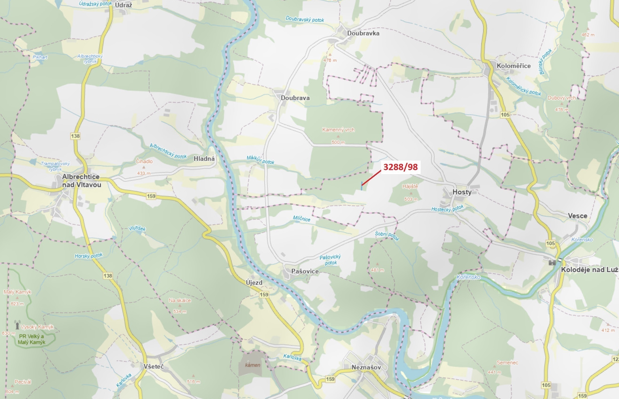 Lesní pozemek o výměře 1685 m2, podíl 1/1, katastrální území Hosty, obec Hosty, obec s rozšířenou pů