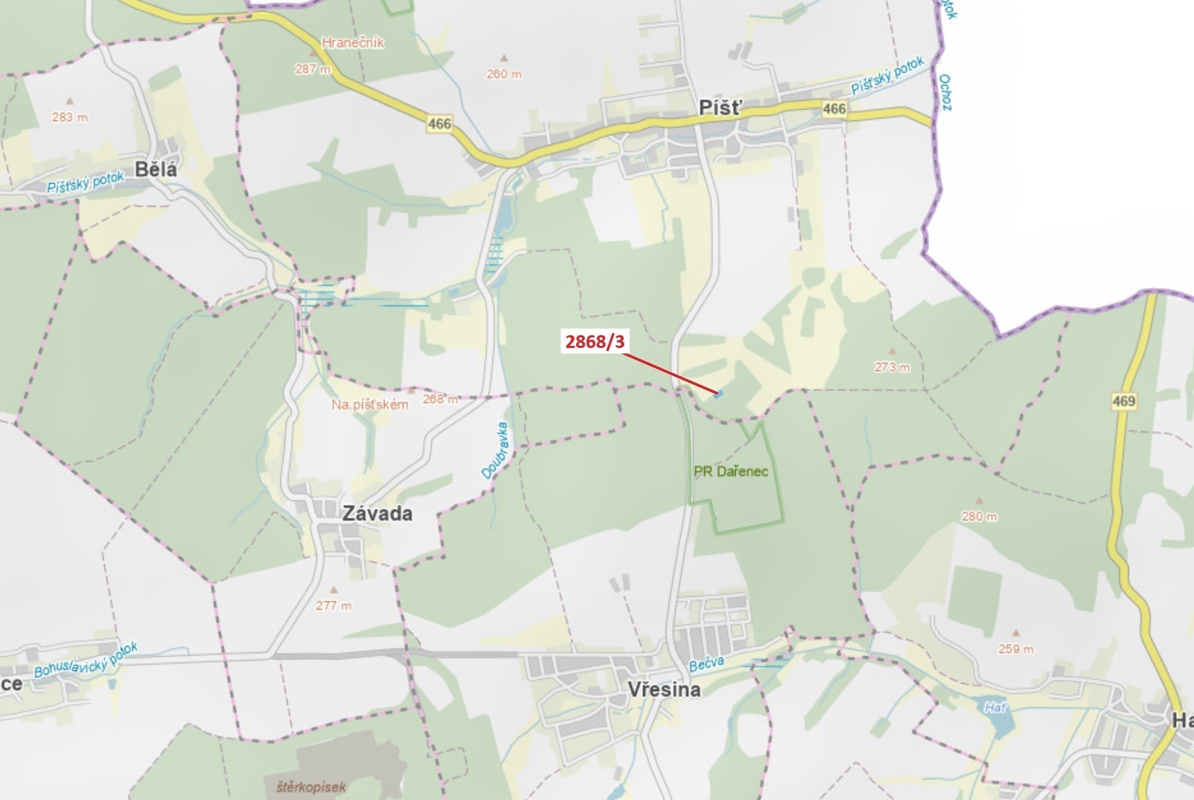 Lesní pozemek o výměře 1321 m2, podíl 1/1, katastrální území Píšť, obec Píšť, obec s rozšířenou půso