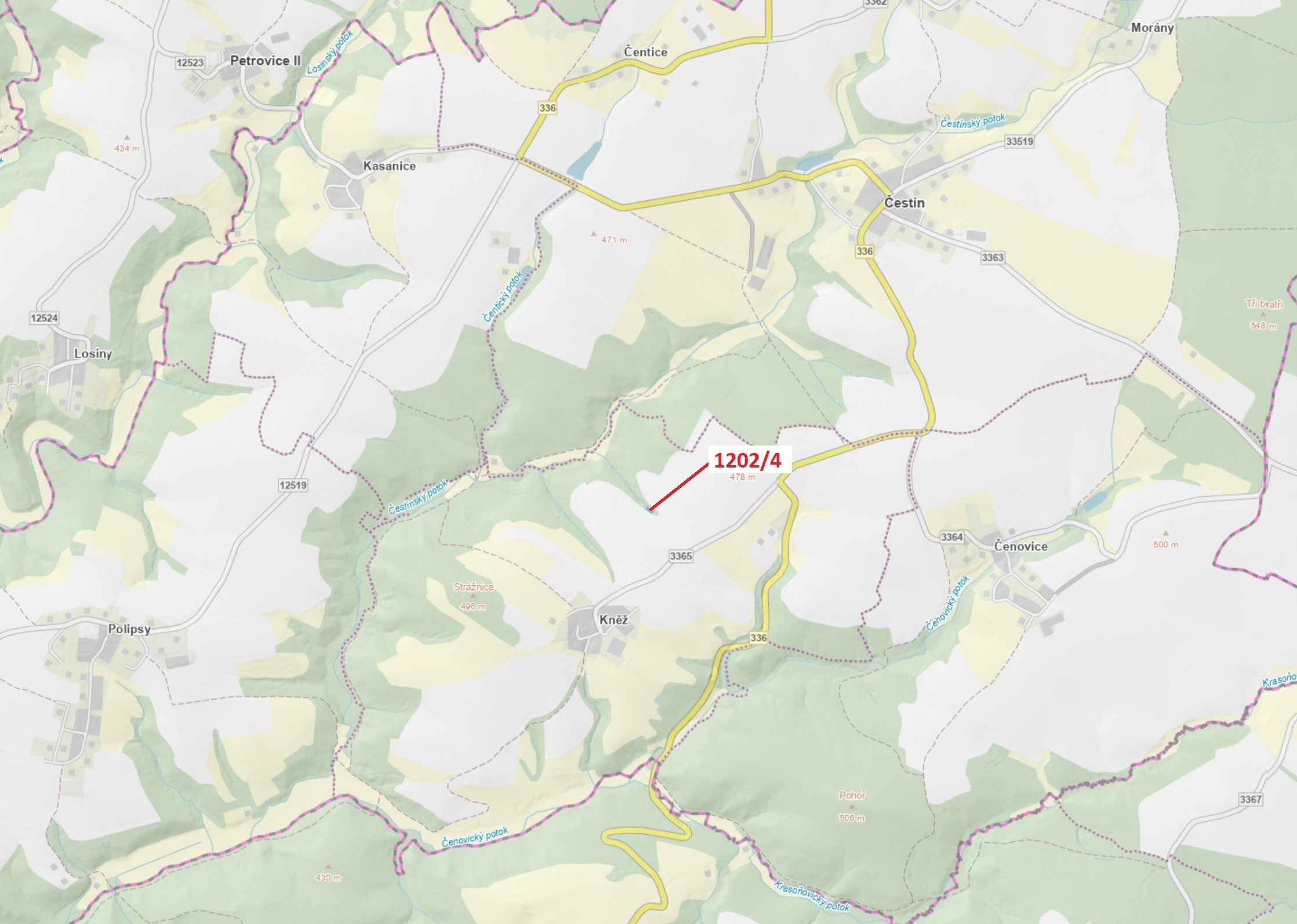 Lesní pozemek o výměře 356 m2, podíl 1/1, katastrální území Kněž u Čestína, obec Čestín, obec s rozš