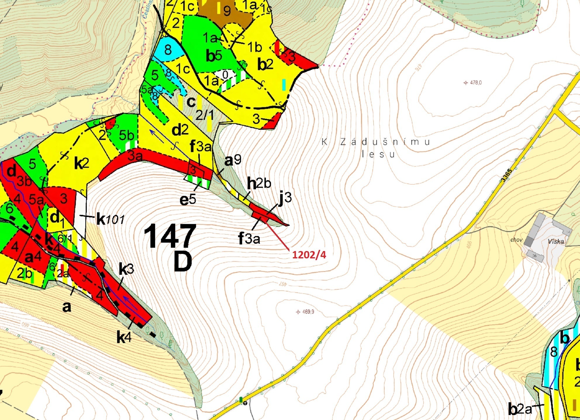 Lesní pozemek o výměře 356 m2, podíl 1/1, katastrální území Kněž u Čestína, obec Čestín, obec s rozš