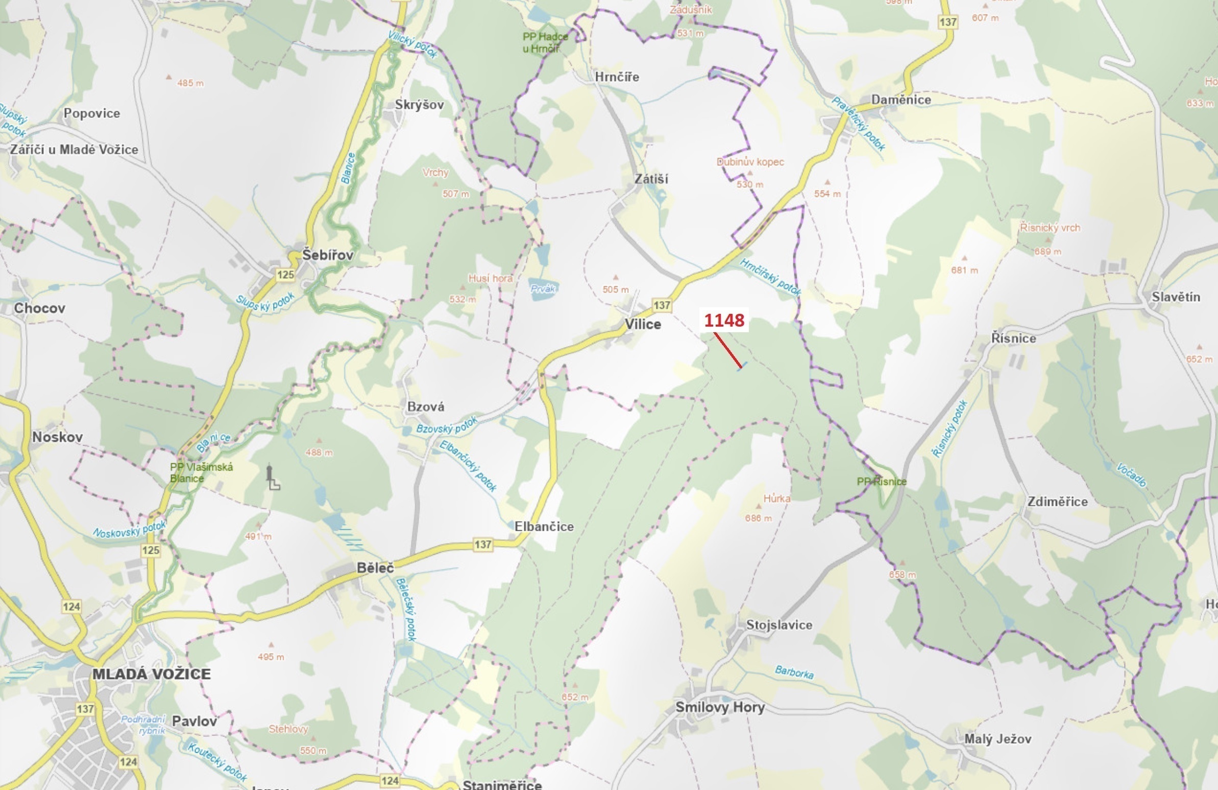 Lesní pozemek o výměře 1105 m2, podíl 1/1, katastrální území Vilice, obec Vilice, obec s rozšířenou 