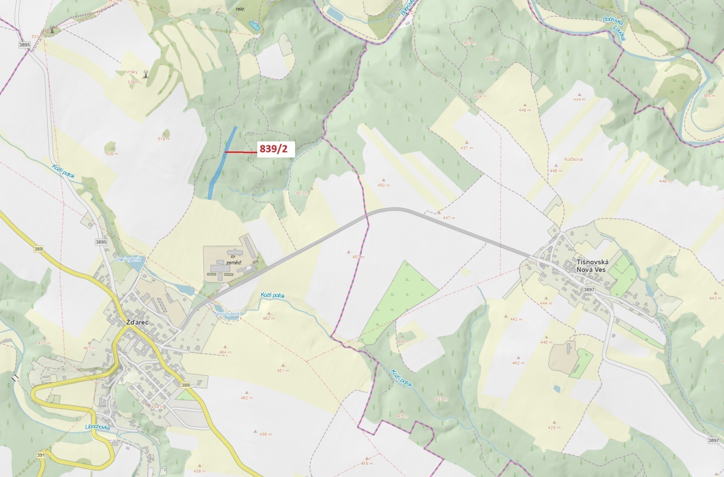 Lesní pozemek o výměře 5465 m2, podíl 1/1, katastrální území Žďárec, obec Žďárec, obec s rozšířenou 