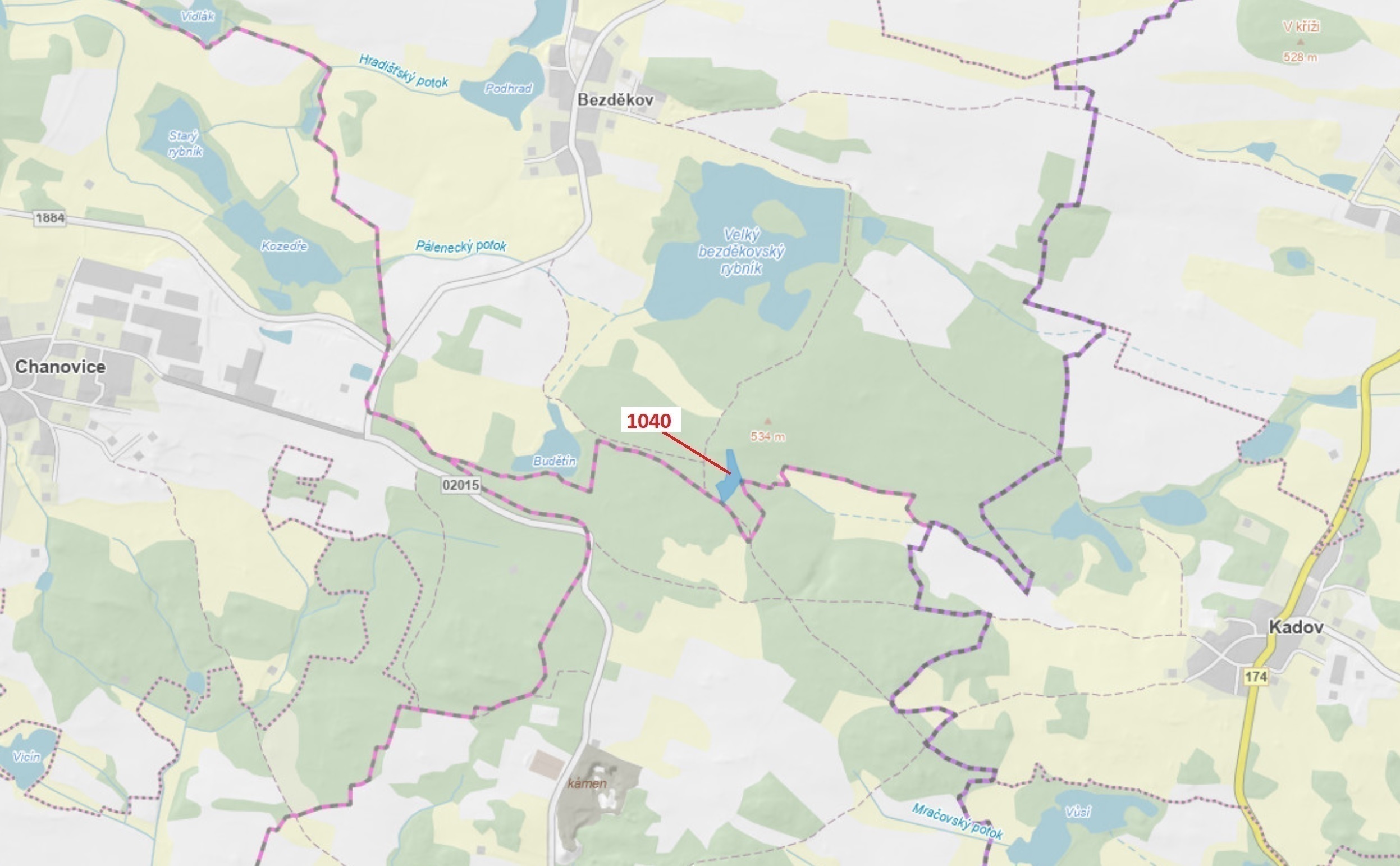 Lesní pozemek o výměře 6 519 m2, podíl 1/1, katastrální území Bezděkov u Kasejovic, obec Hradiště, o